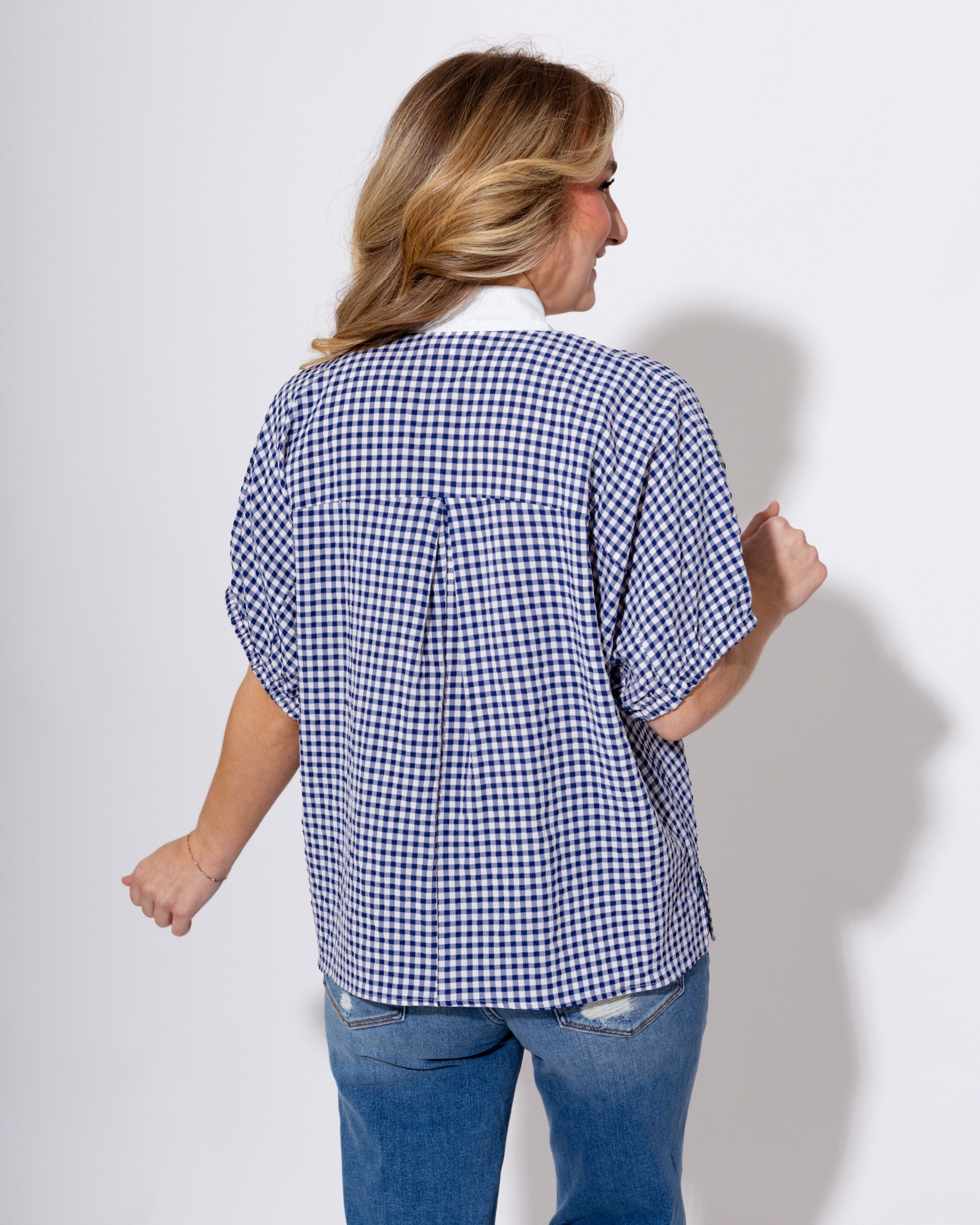 Timeless Gingham Contrast Top in Navy