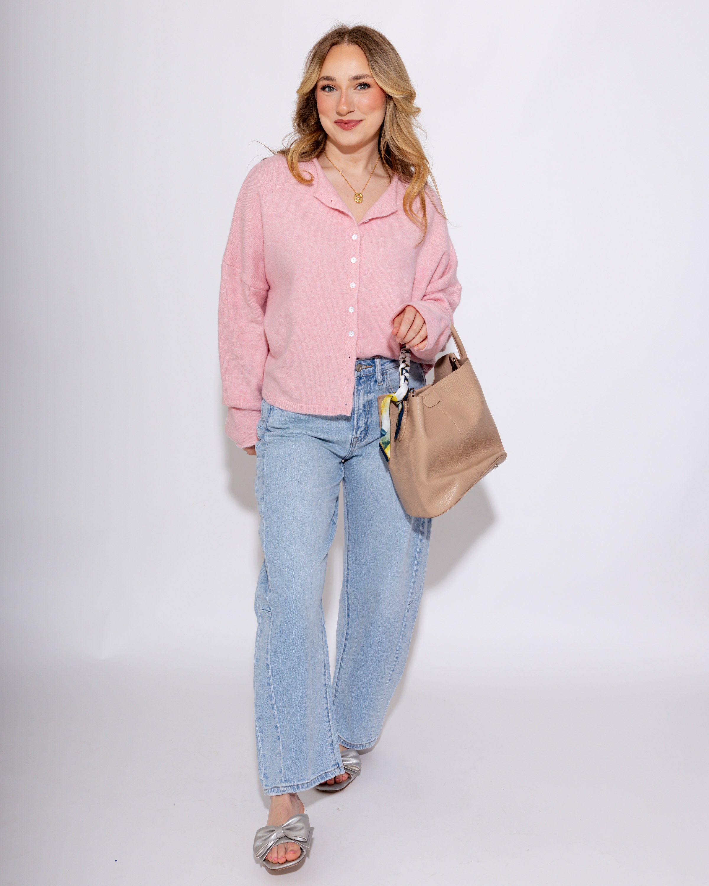 Classic Button Up Cardigan in Baby Pink