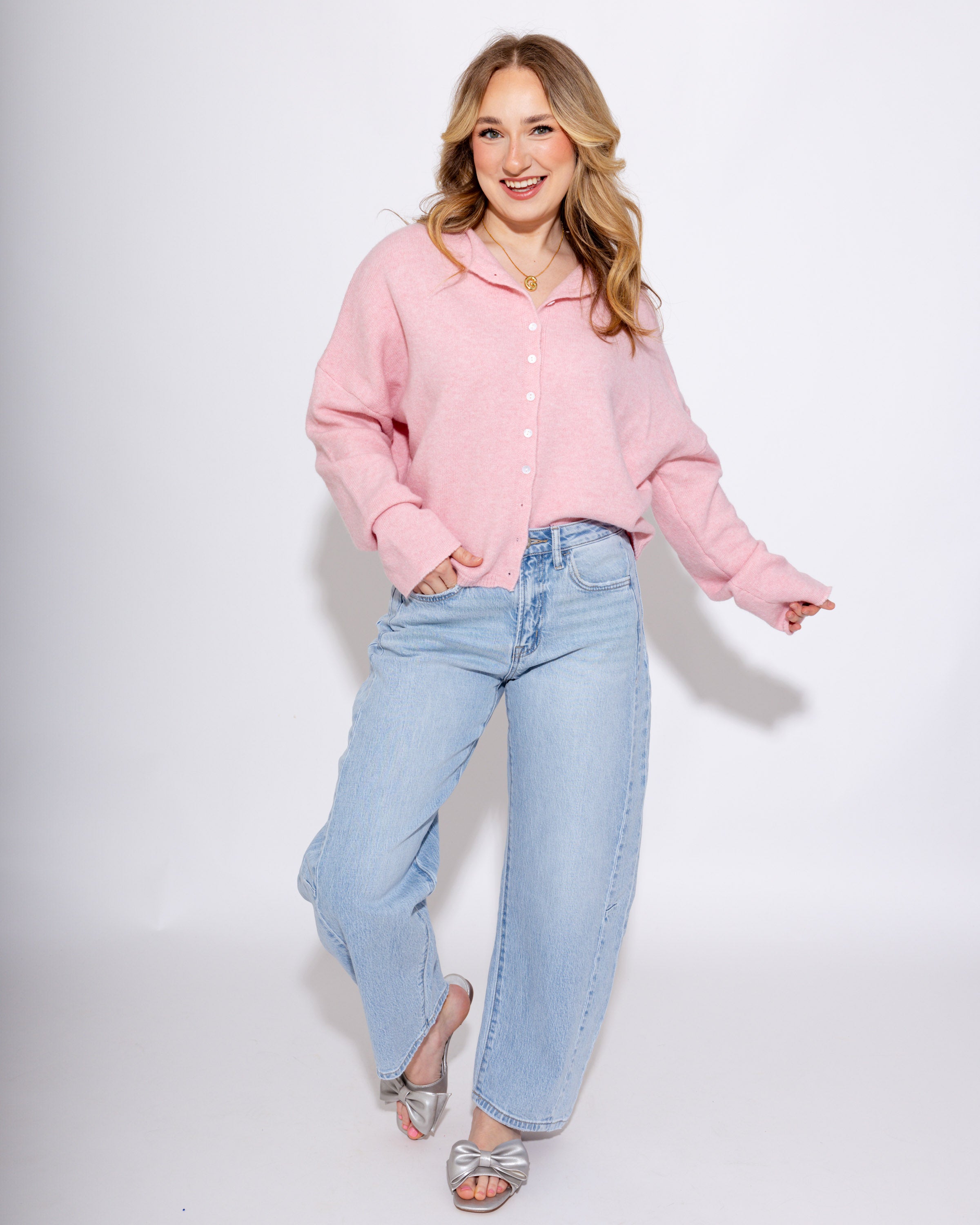 Classic Button Up Cardigan in Baby Pink