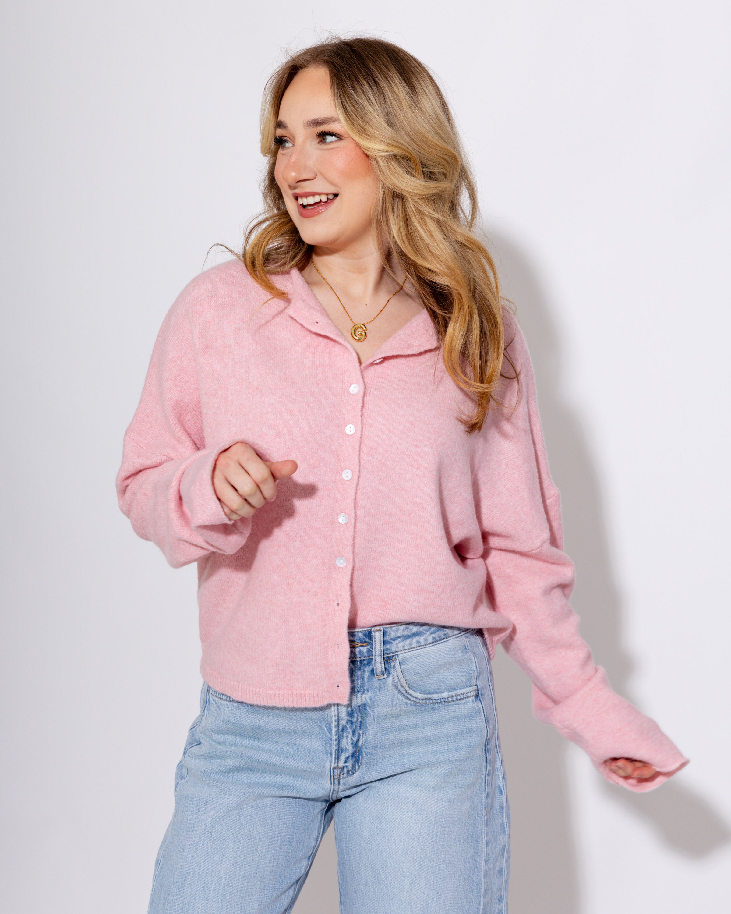 Classic Button Up Cardigan in Baby Pink