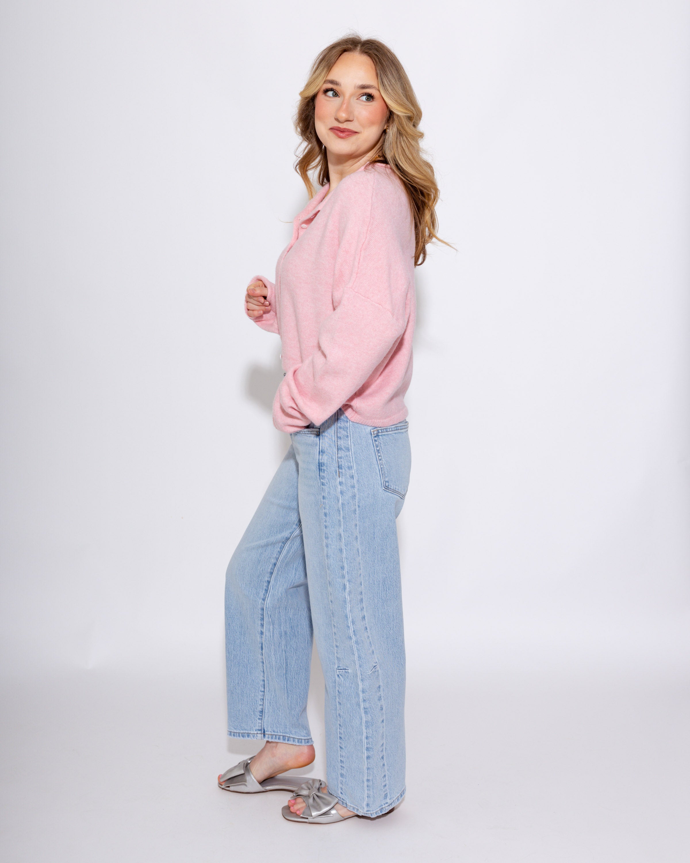 Classic Button Up Cardigan in Baby Pink