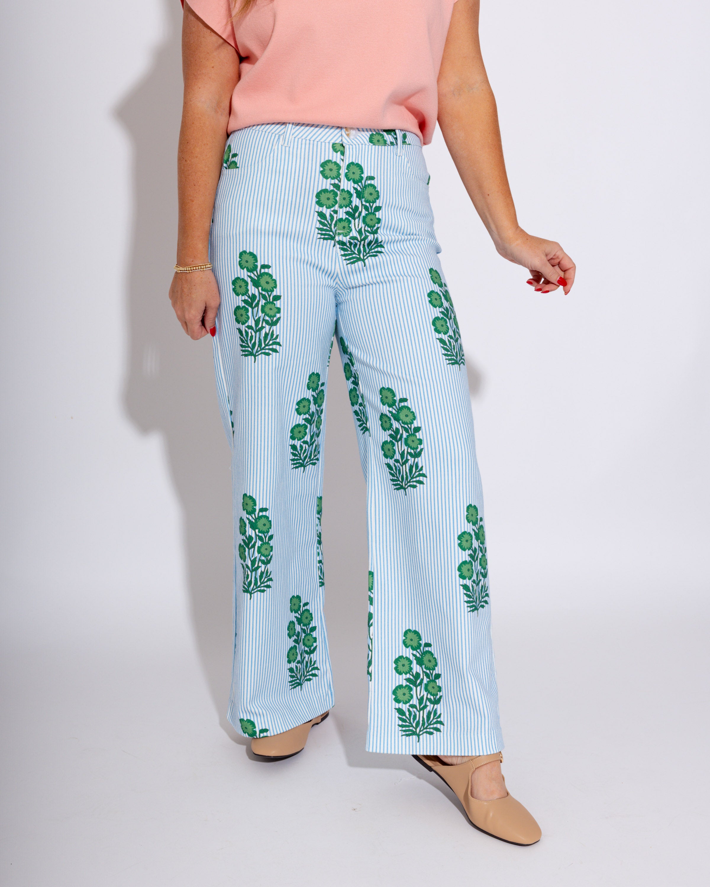 Striped Floral Wide-Leg Pants