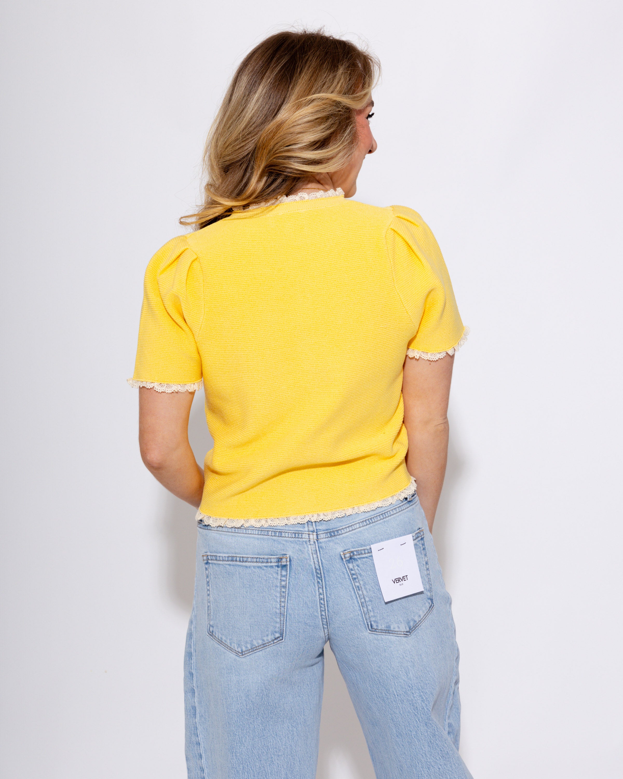 Contrast Trim Puff Sleeve Top in Lemon