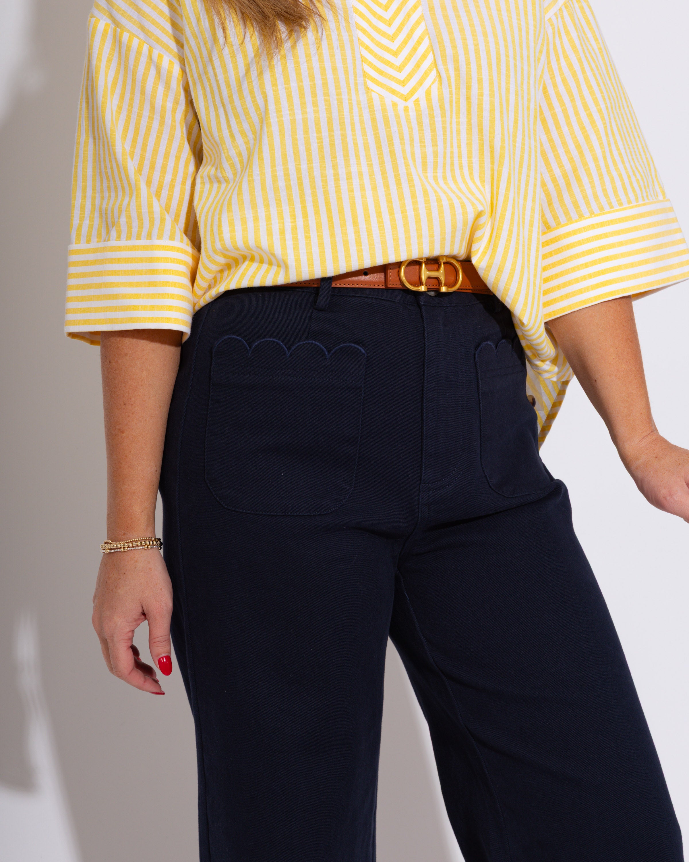 Scallop Trim Wide Leg Pants in Navy