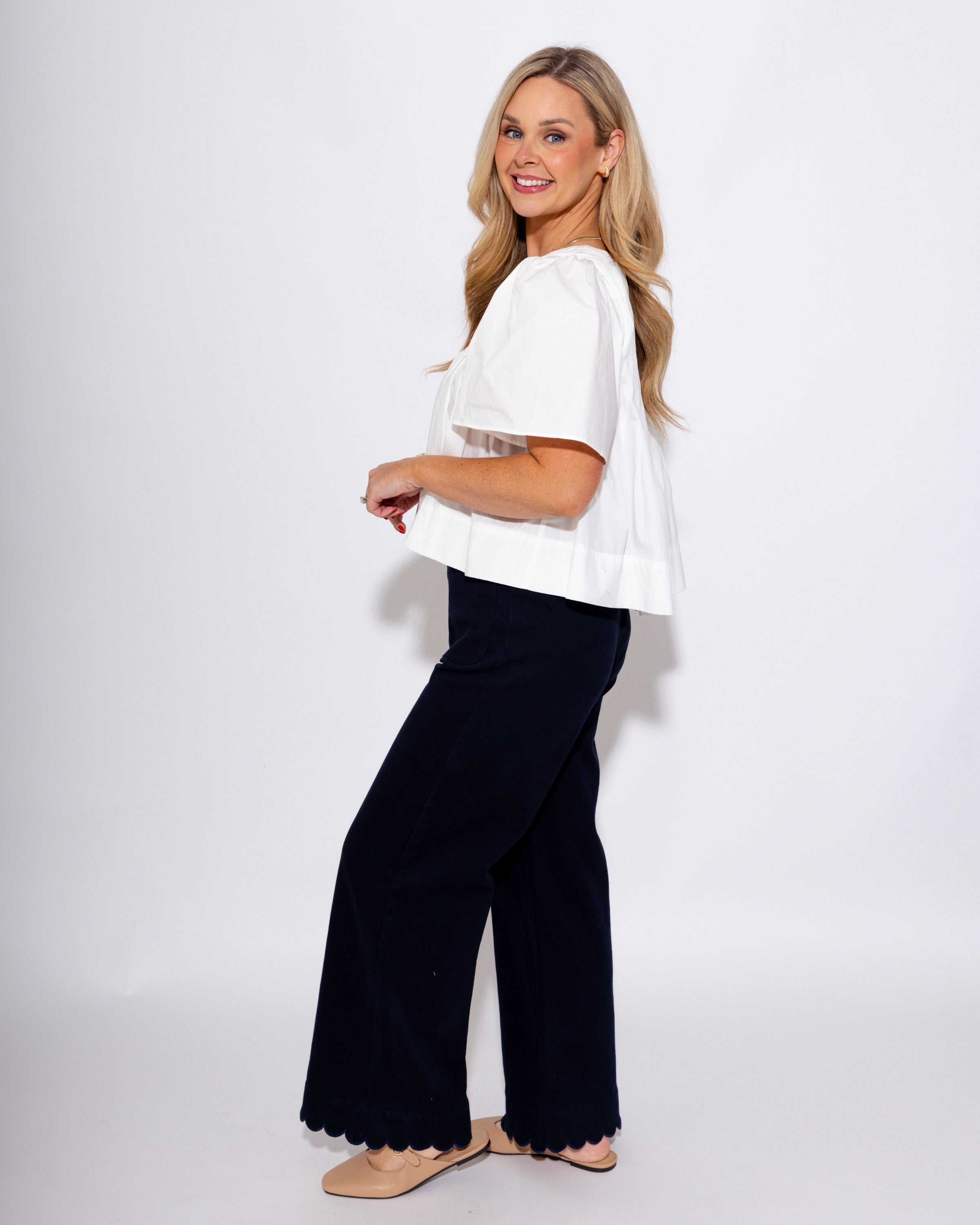 Scallop Trim Wide Leg Pants in Navy