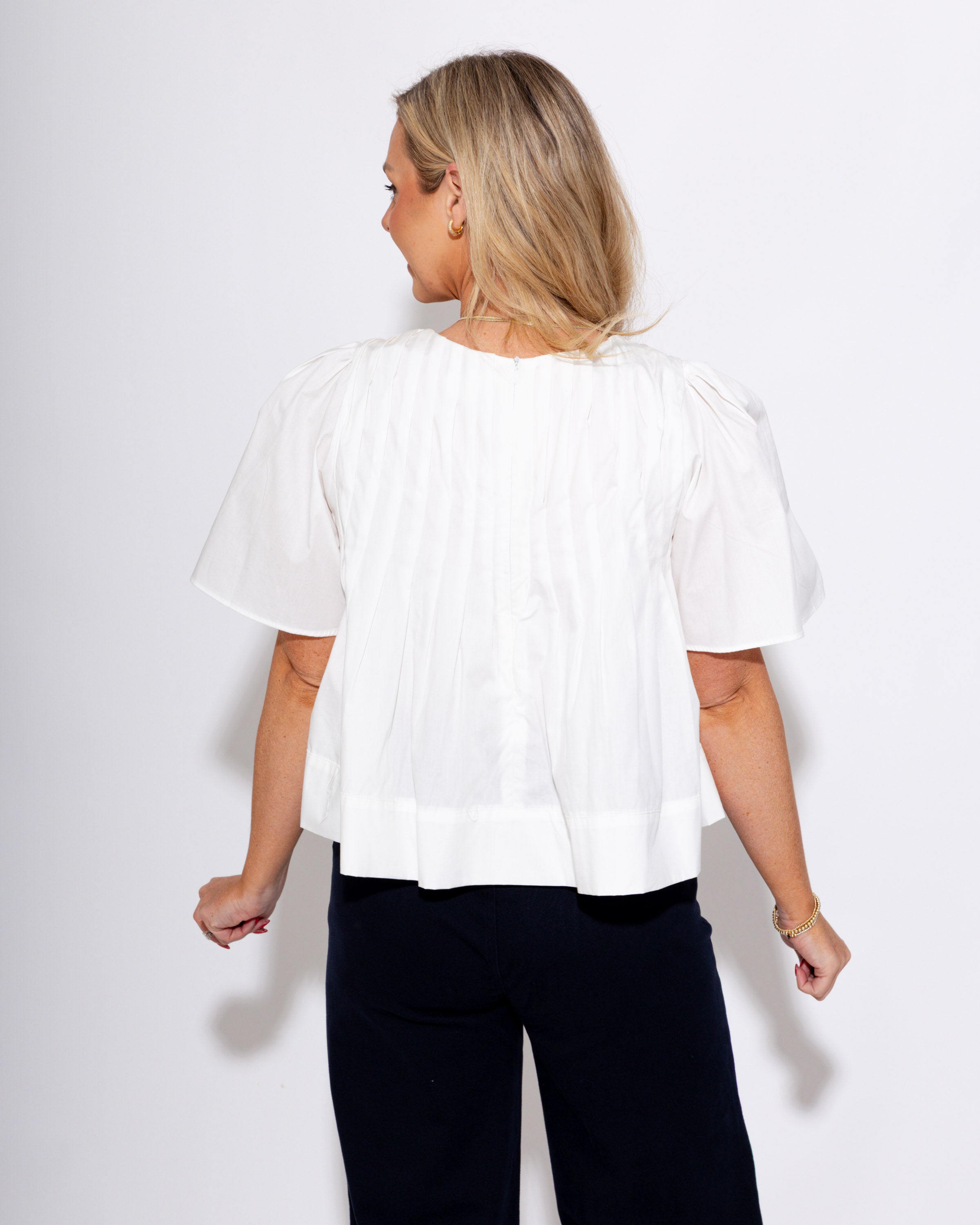 Pleated Short Sleeve Top in White