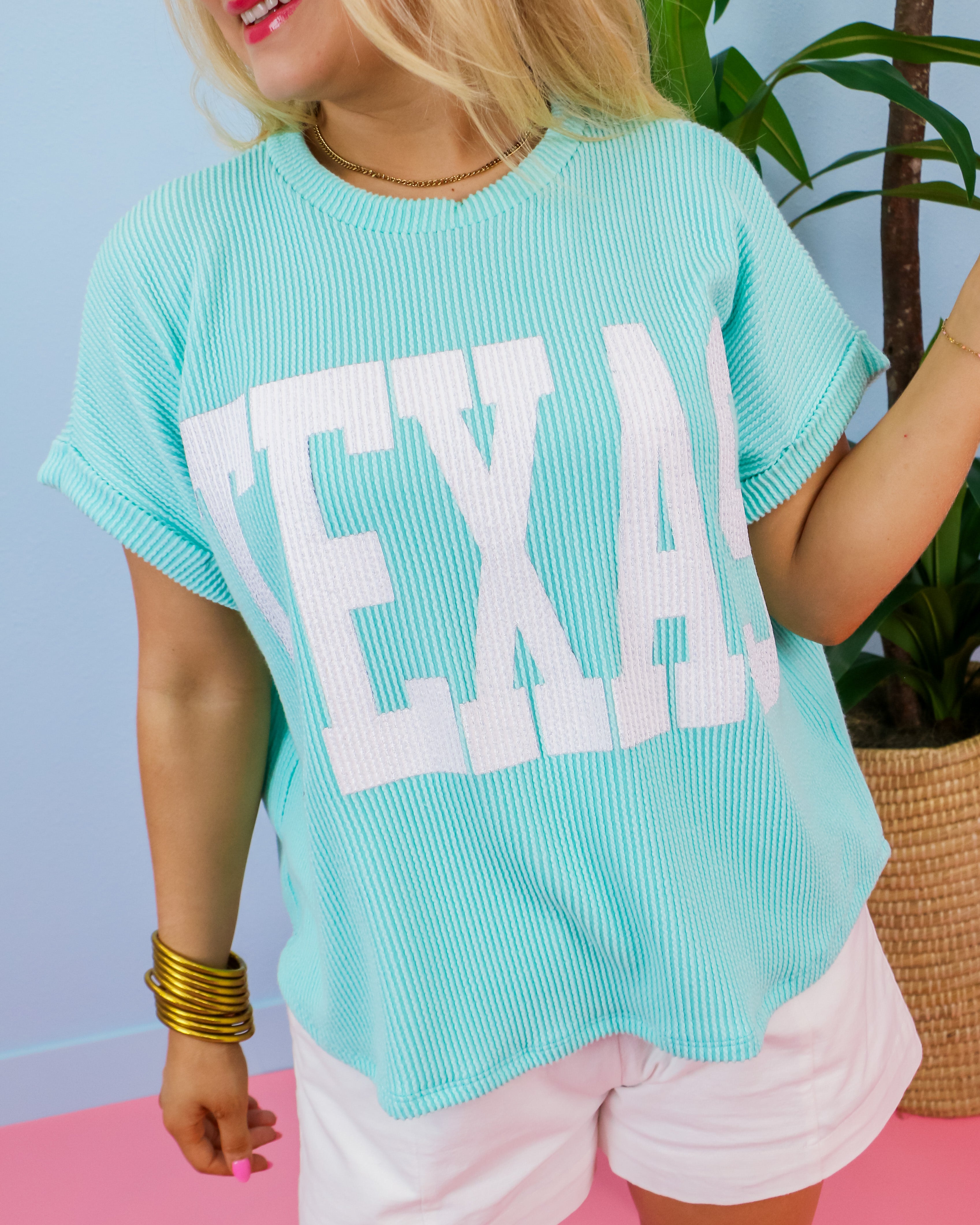 'TEXAS' Comfy Oversize Graphic Sweatshirt Top in Aqua