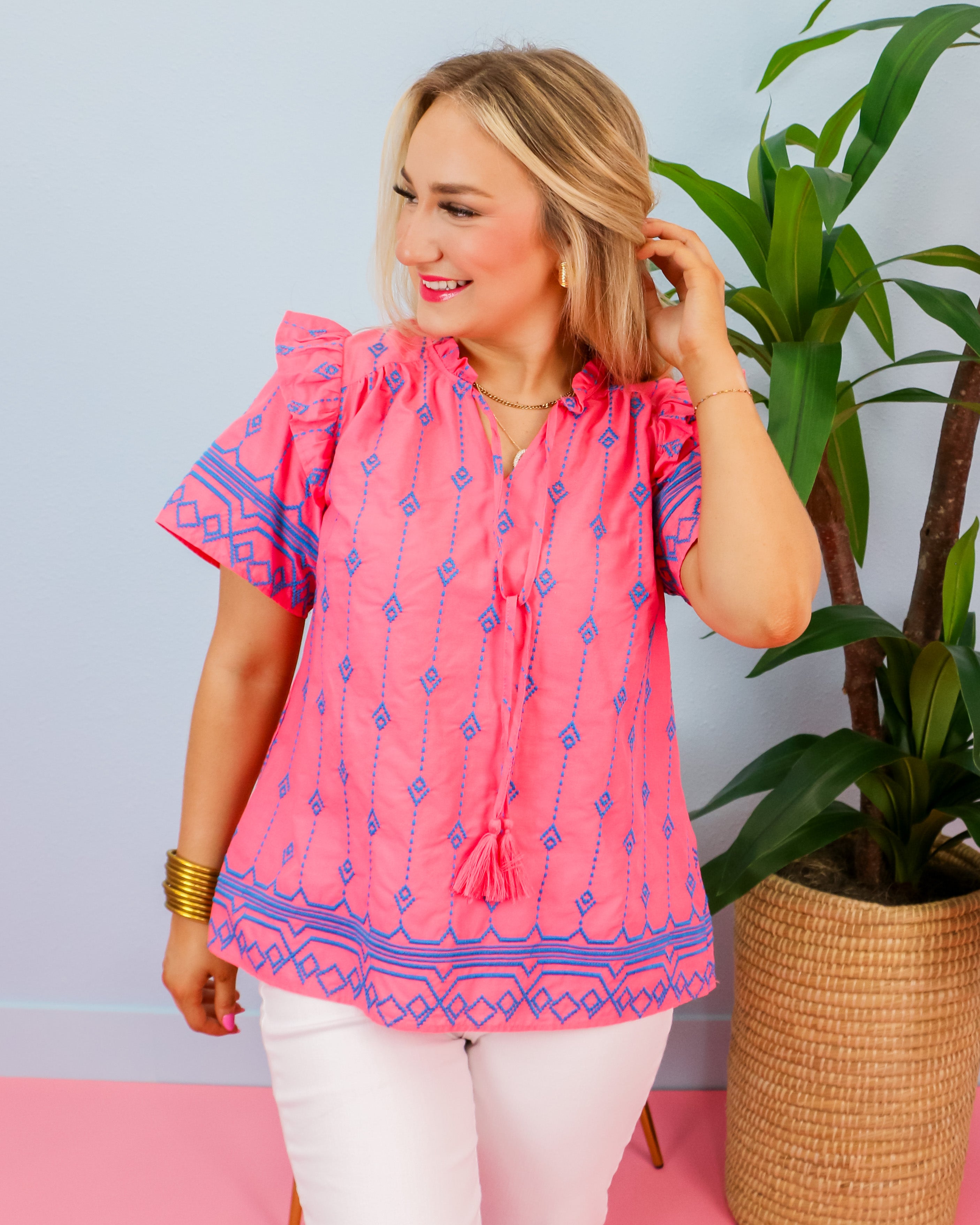 Pink Embroidery Boxy Cut Ruffle Short Sleeve Top