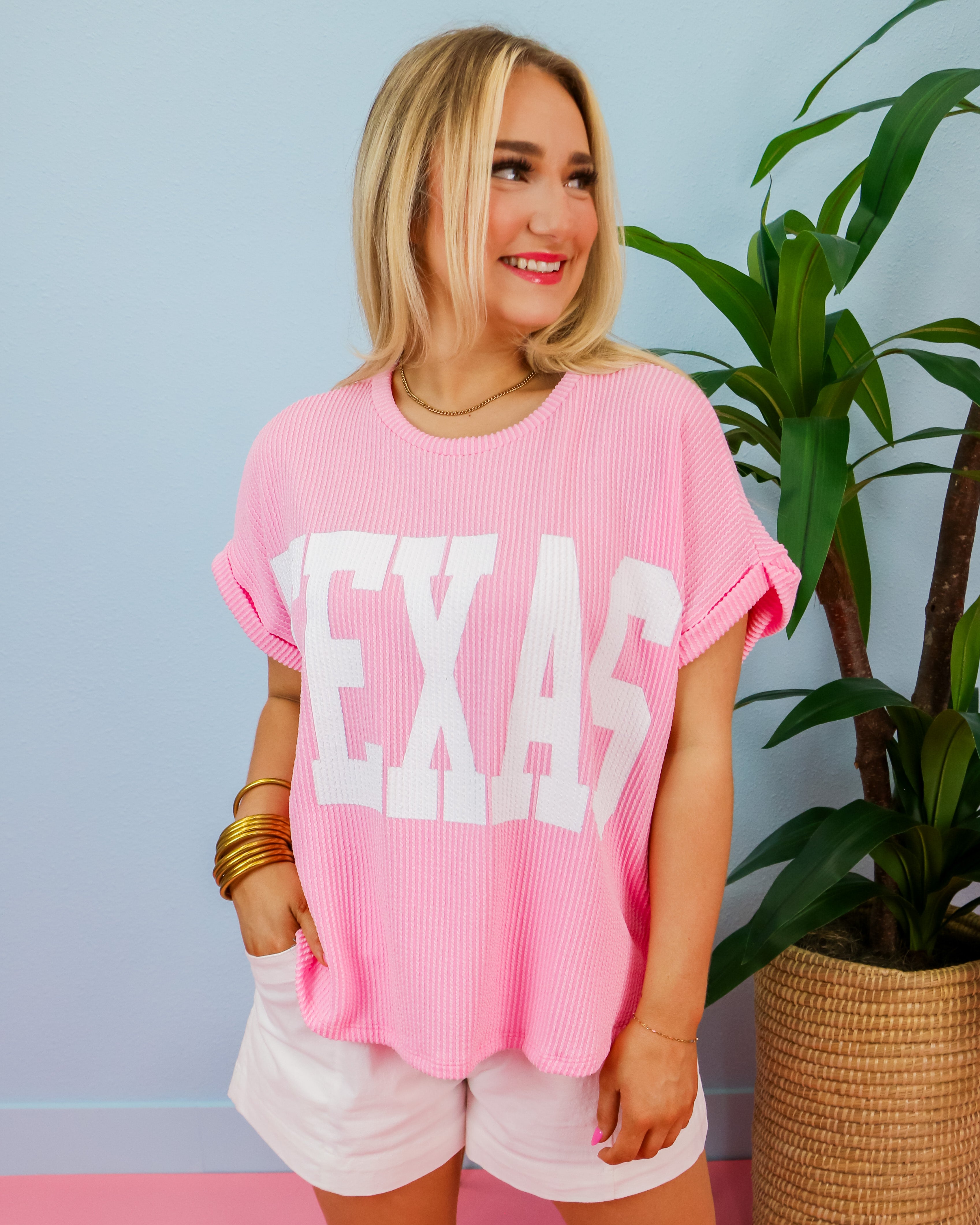 'TEXAS' Comfy Oversize Graphic Sweatshirt Top in Baby Pink