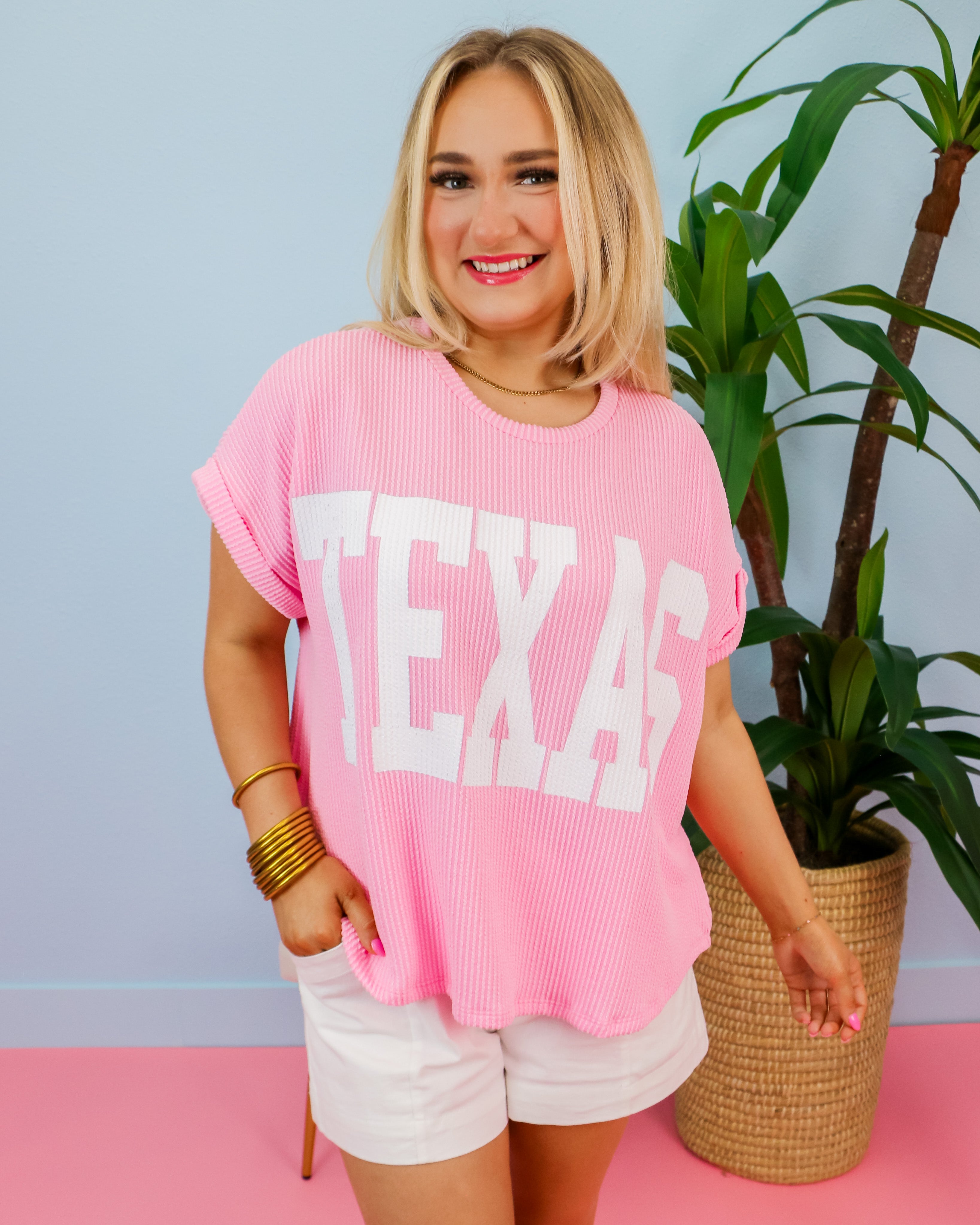 'TEXAS' Comfy Oversize Graphic Sweatshirt Top in Baby Pink