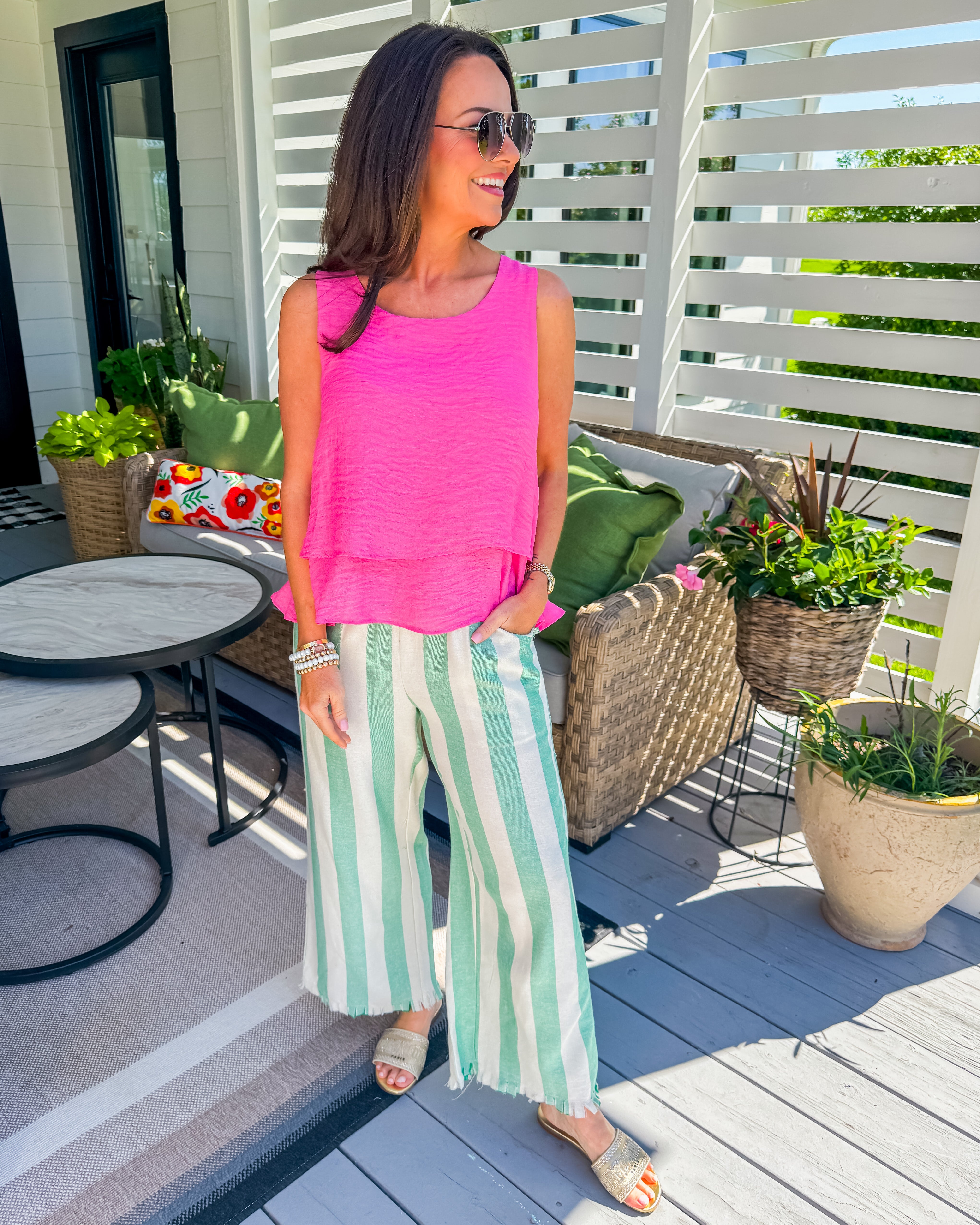 Striped Pants with Frayed Hem in Green