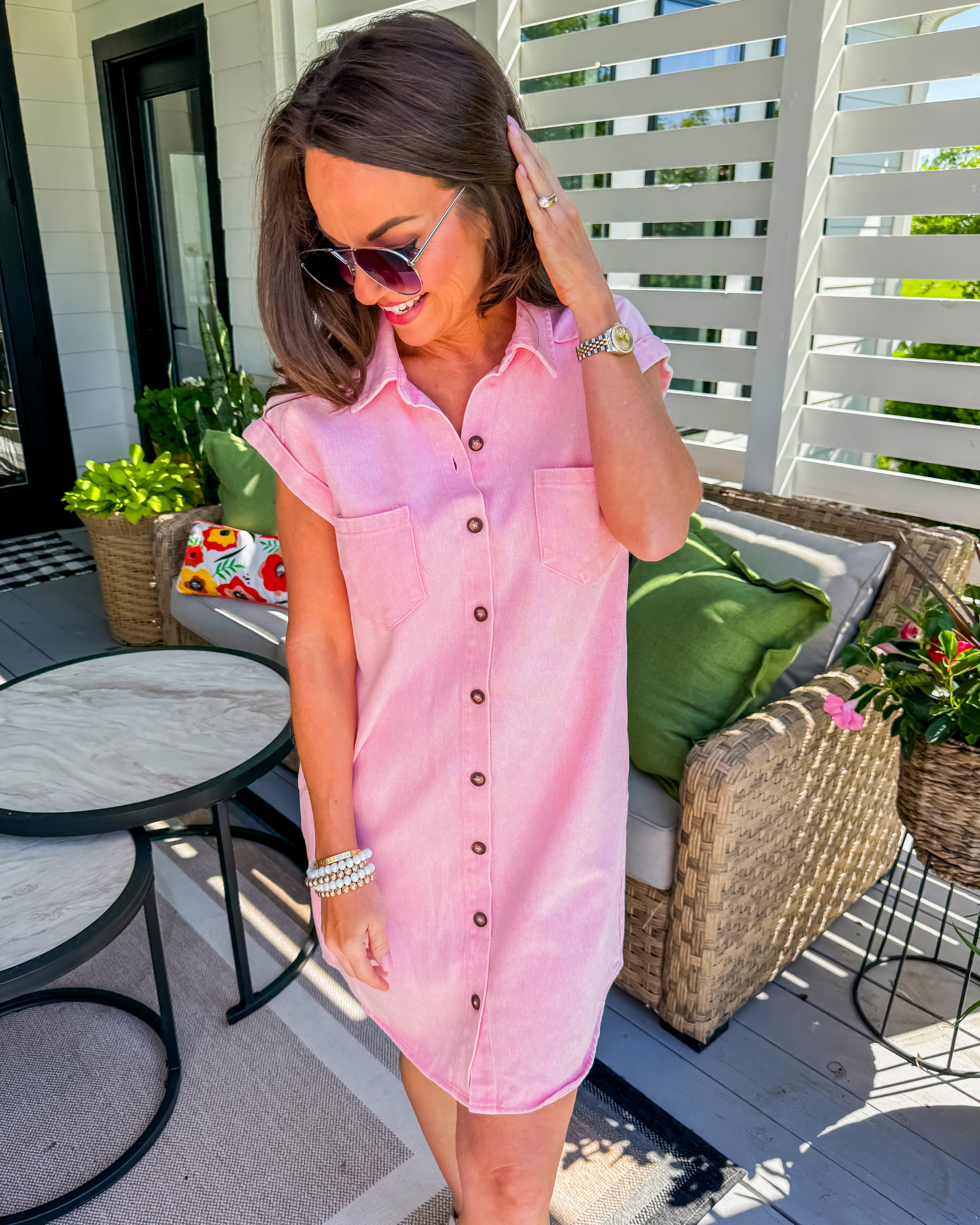 Folded Cuff Button Down Washed Twill Shirt Dress in Pink