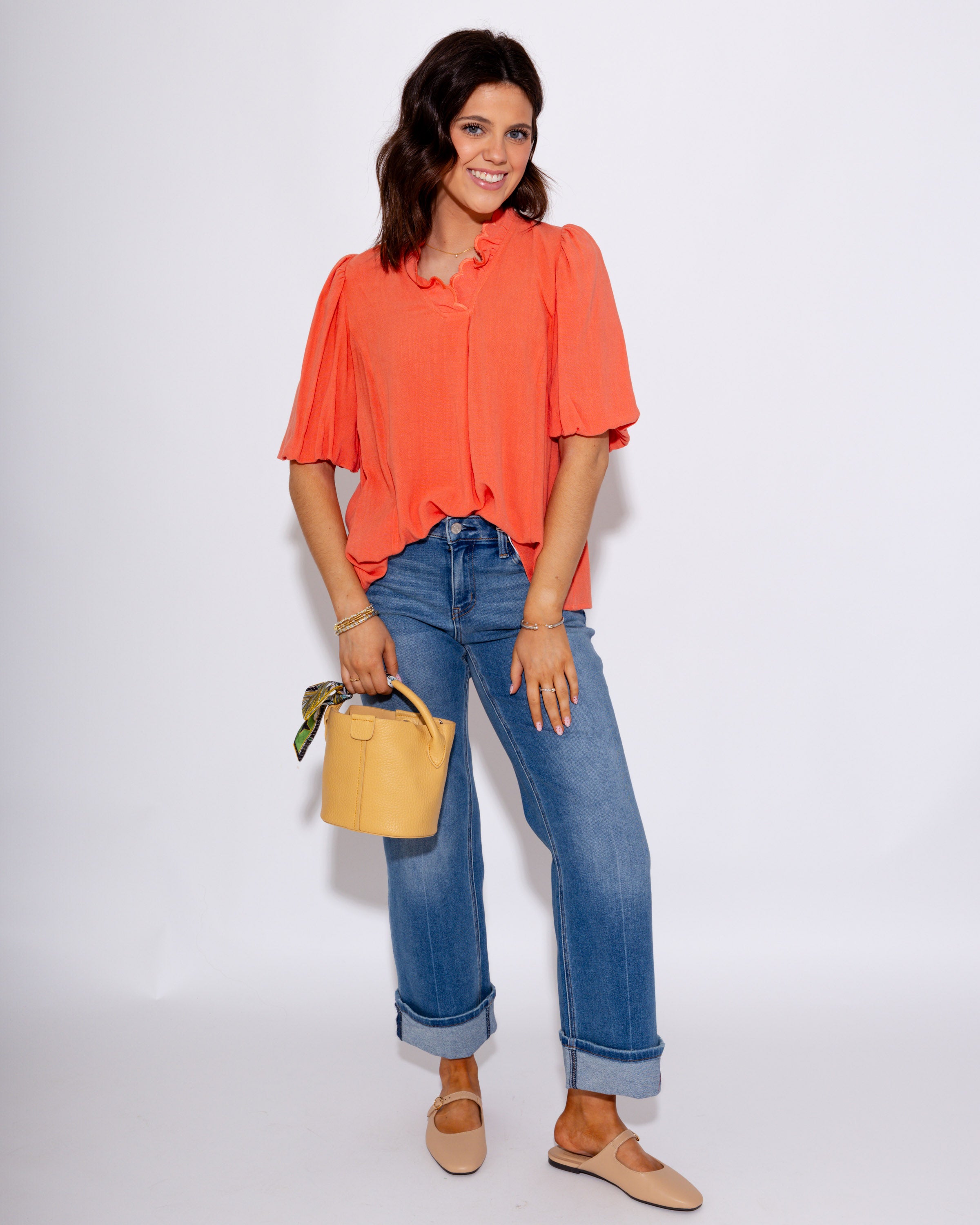 Breezy Ruffle V-Neck Linen Top in Coral