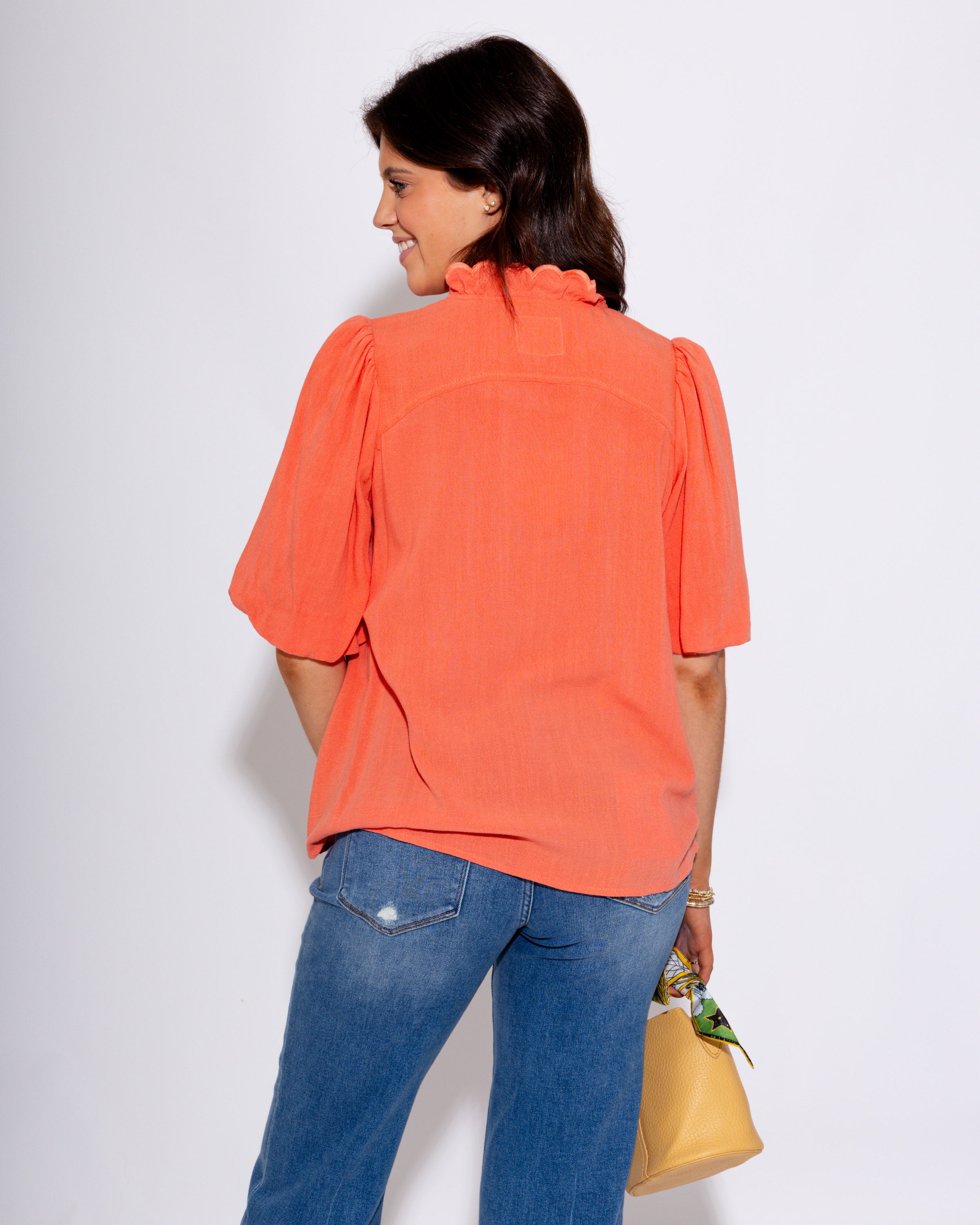 Breezy Ruffle V-Neck Linen Top in Coral