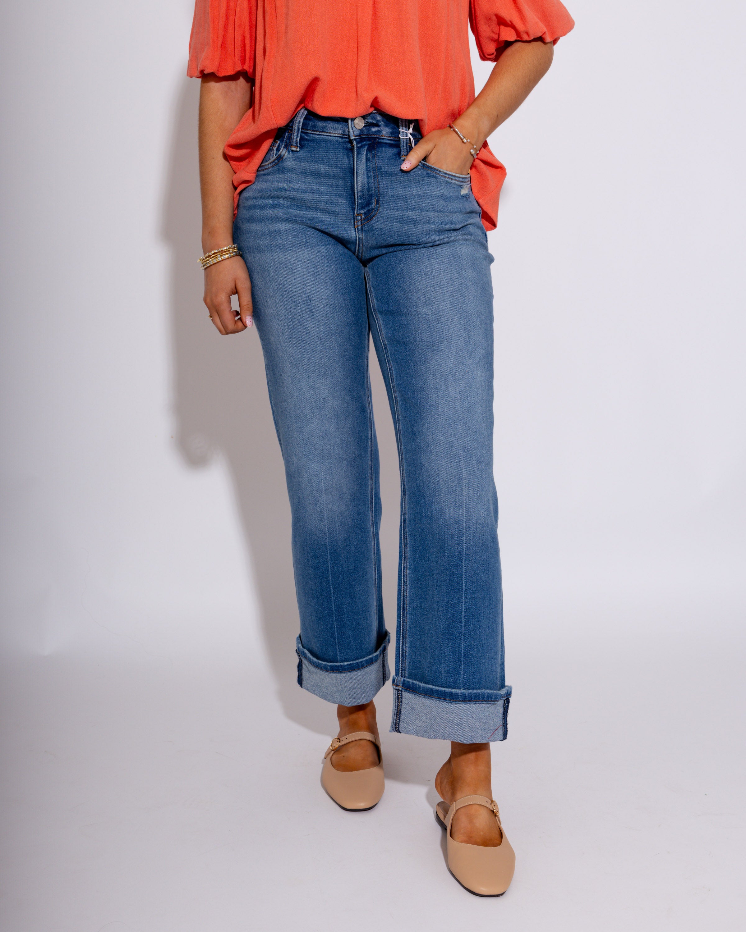 Vervet | Slim Wide Cuffed Jeans in Delicate Gleam