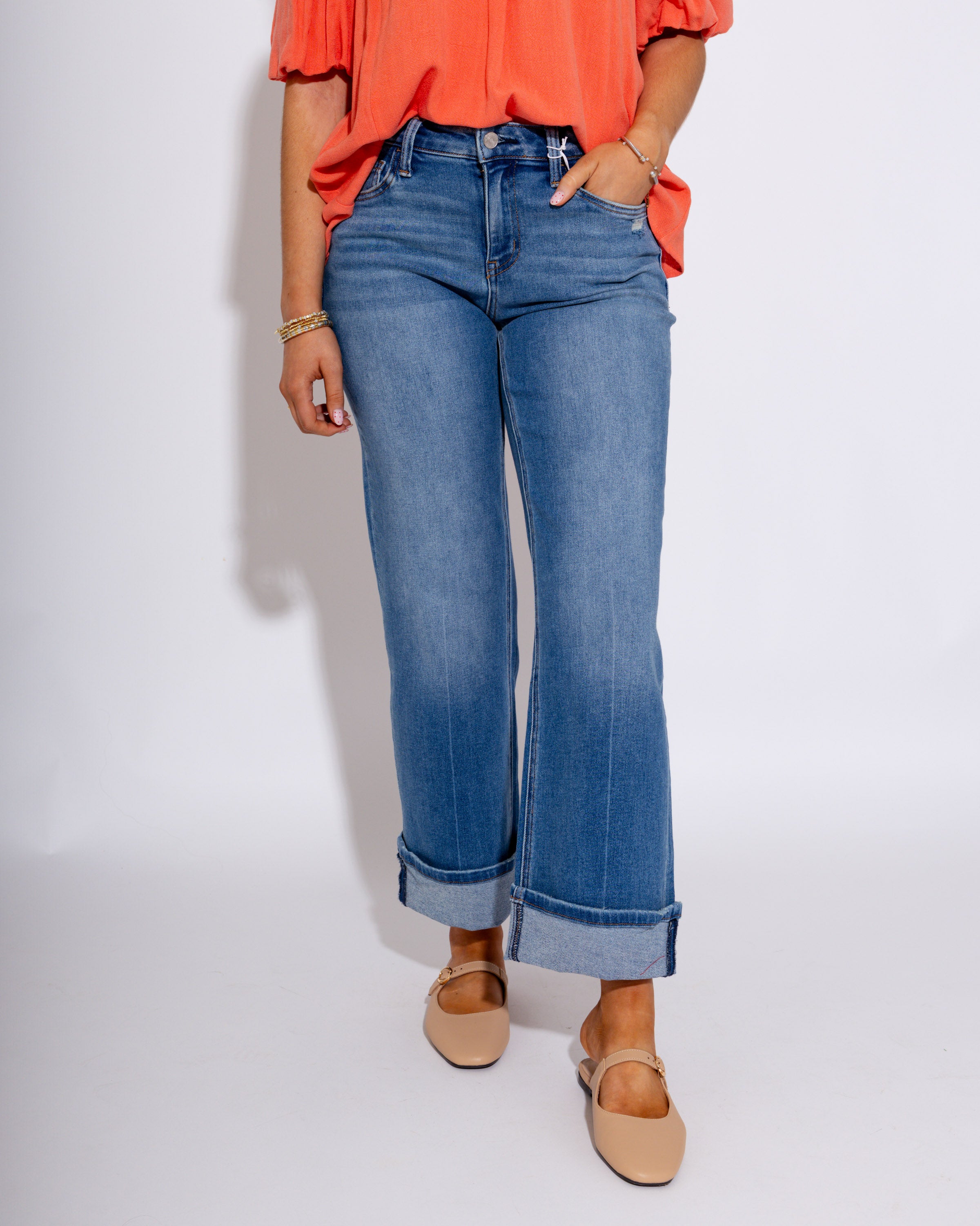 Vervet | Slim Wide Cuffed Jeans in Delicate Gleam
