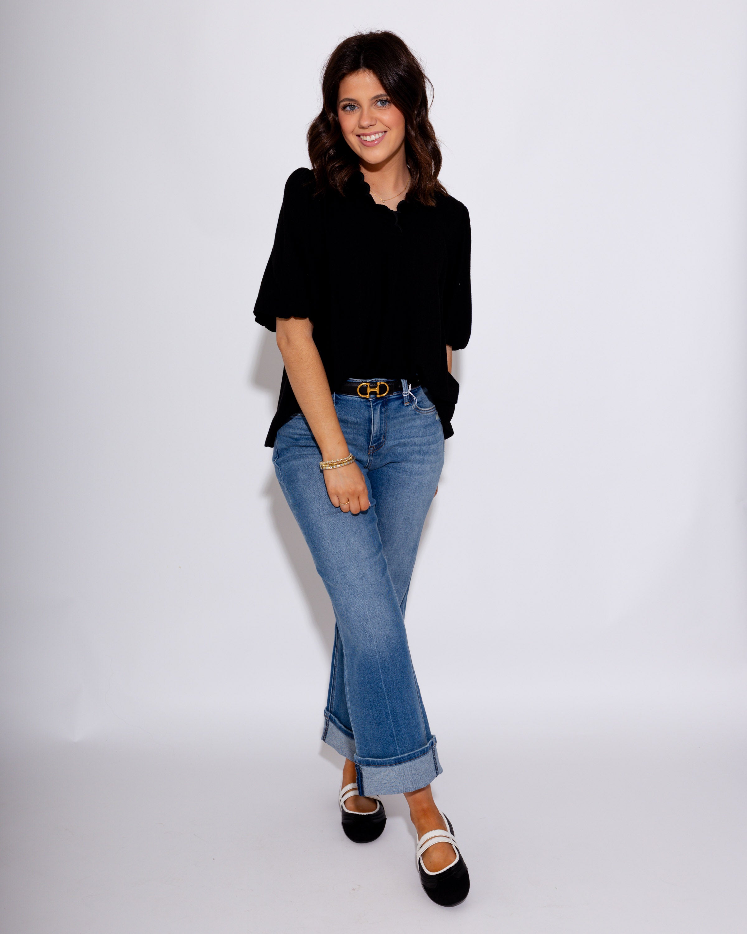 Breezy Ruffle V-Neck Linen Top in Black