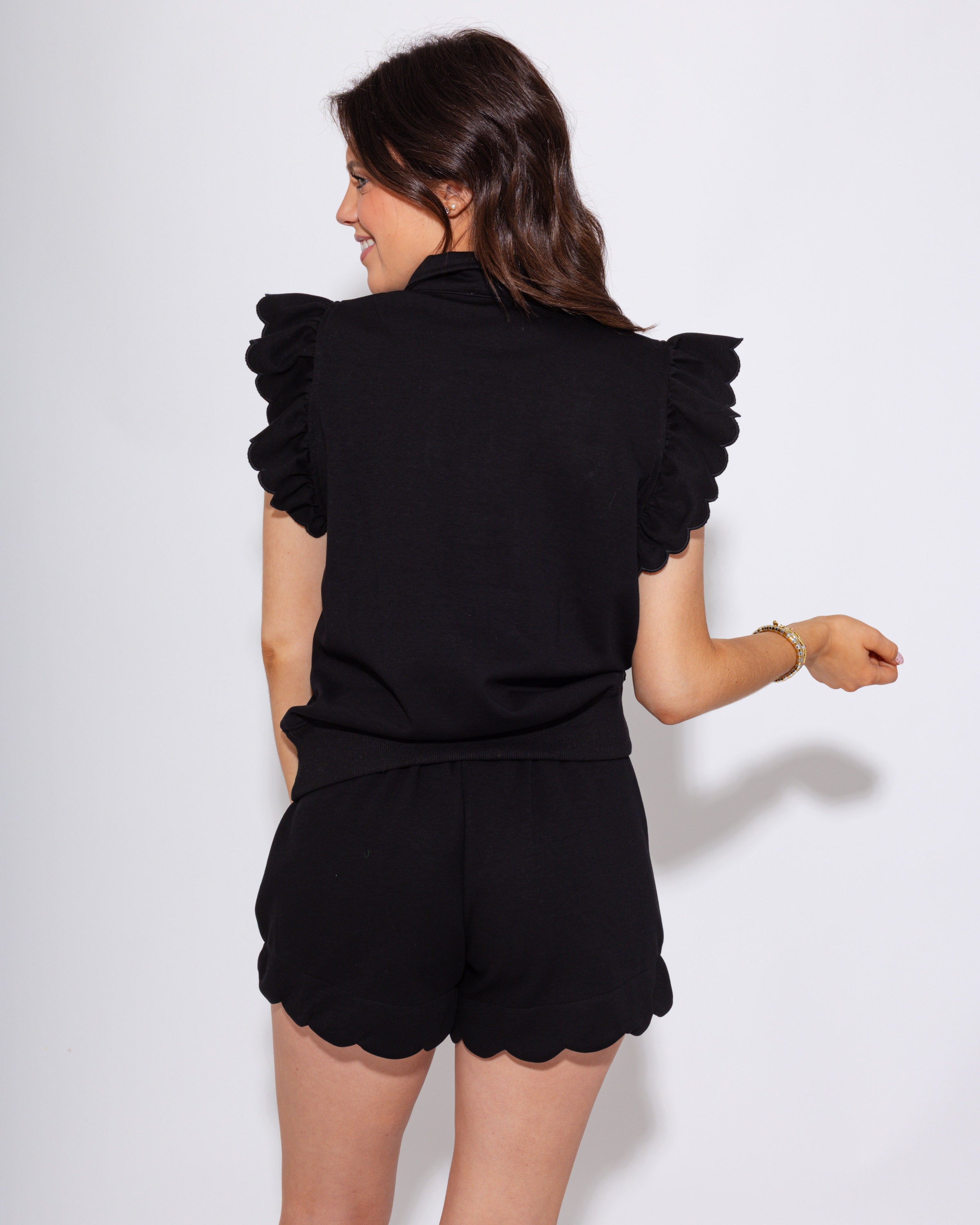 Black Scalloped Top & Shorts Set