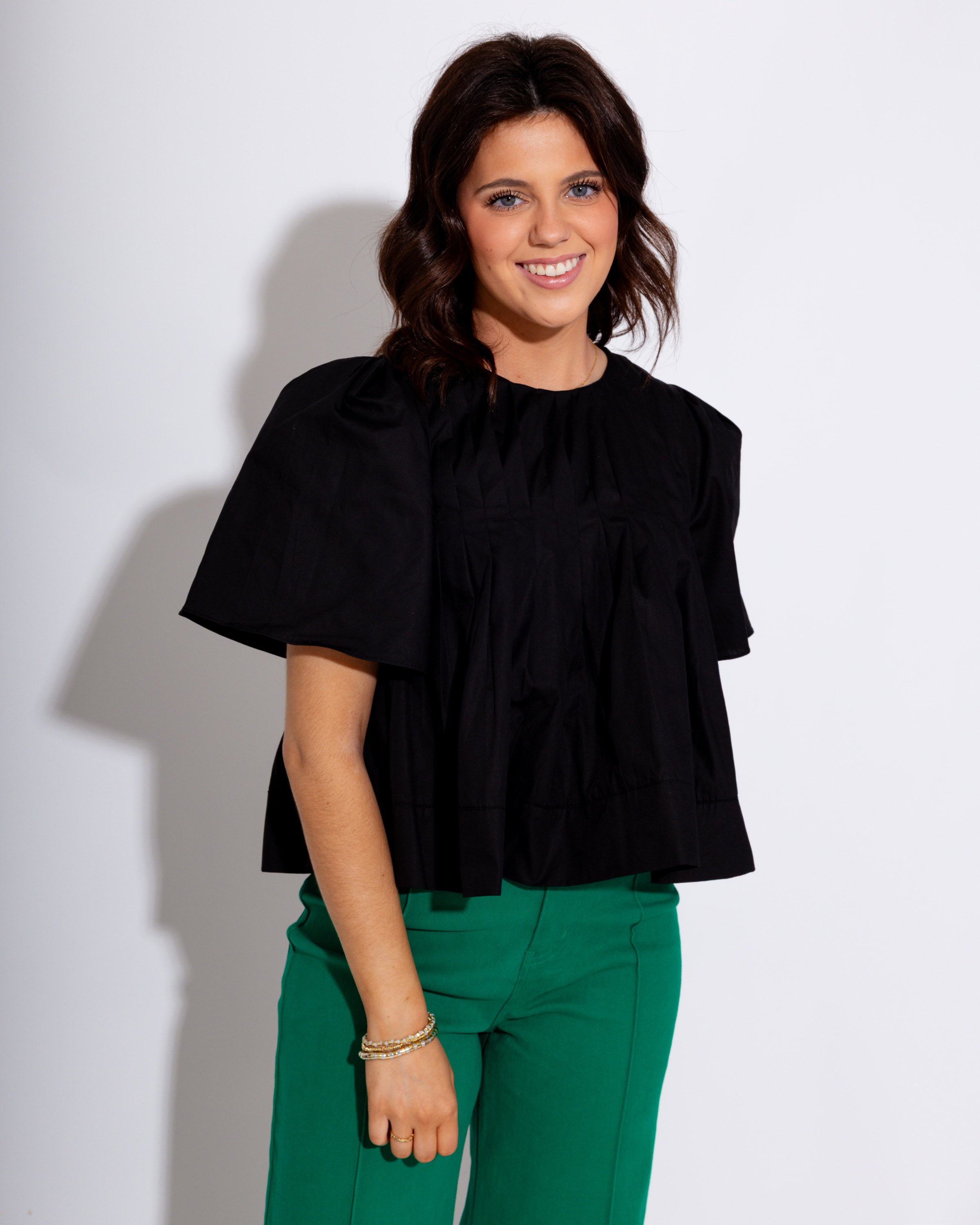 Pleated Short Sleeve Top in Black
