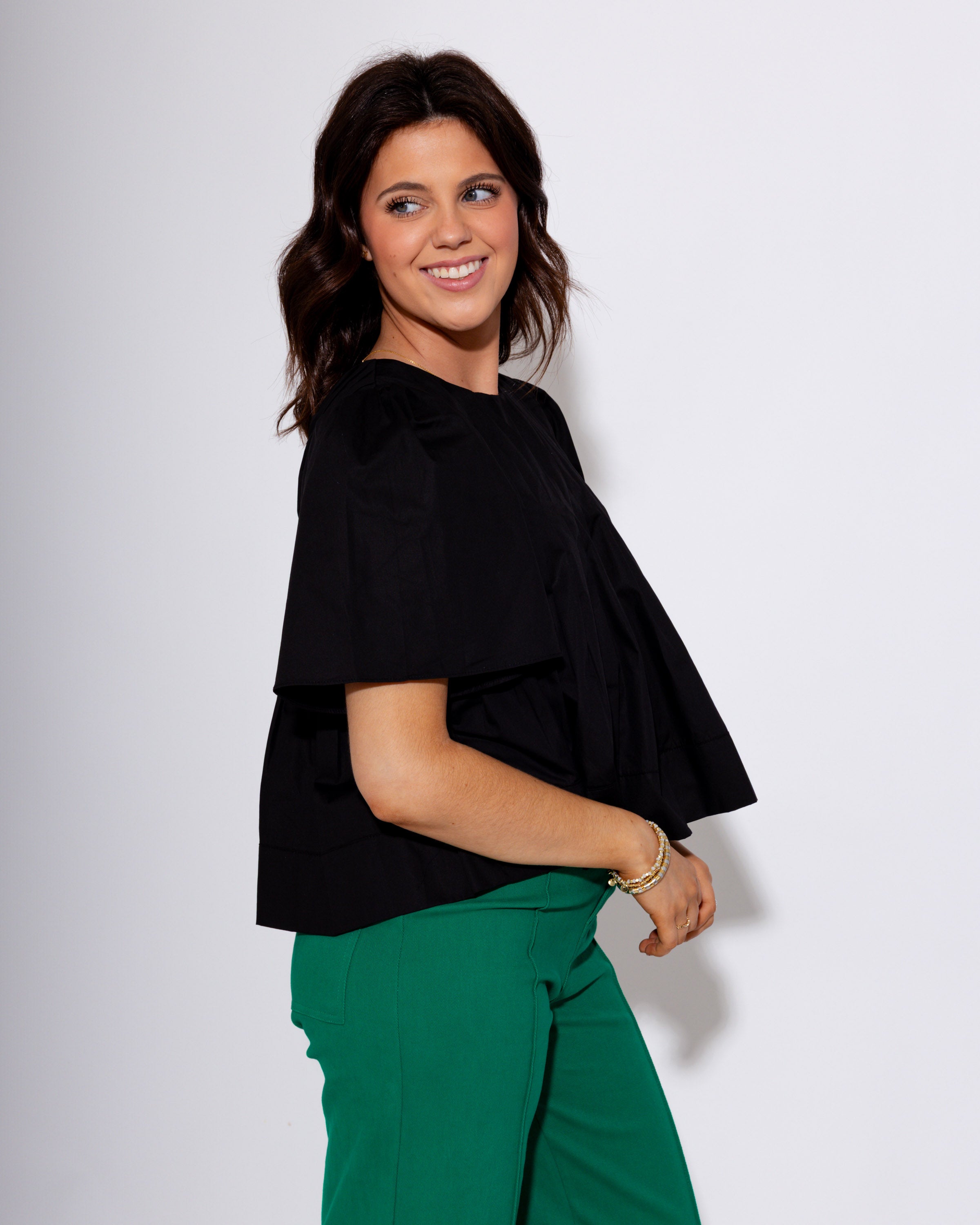 Pleated Short Sleeve Top in Black