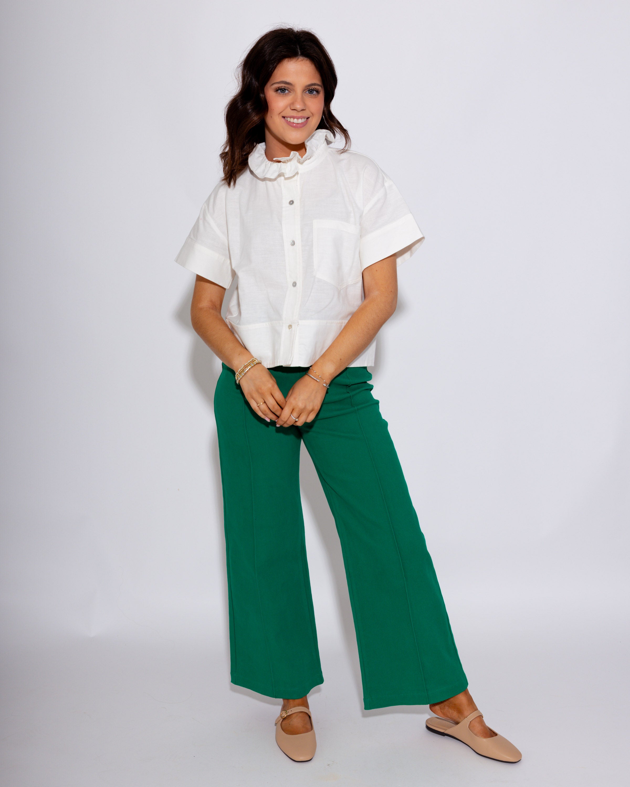 Ruffle Collar Button Up Top in Off White