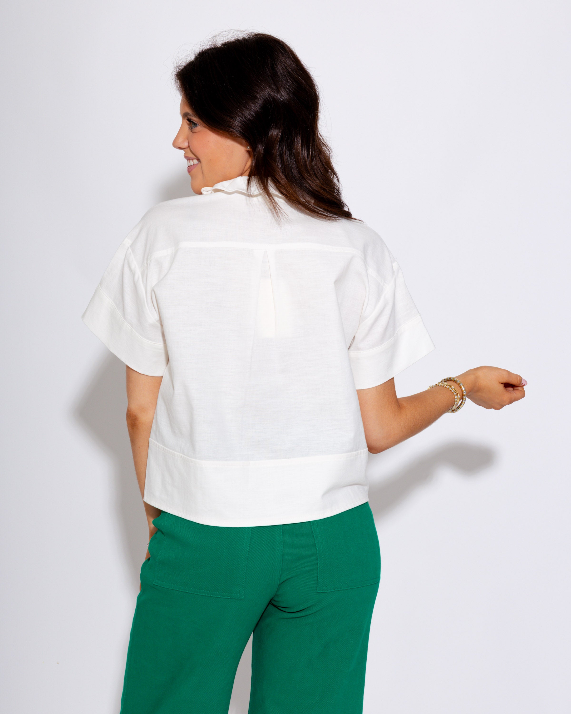 Ruffle Collar Button Up Top in Off White