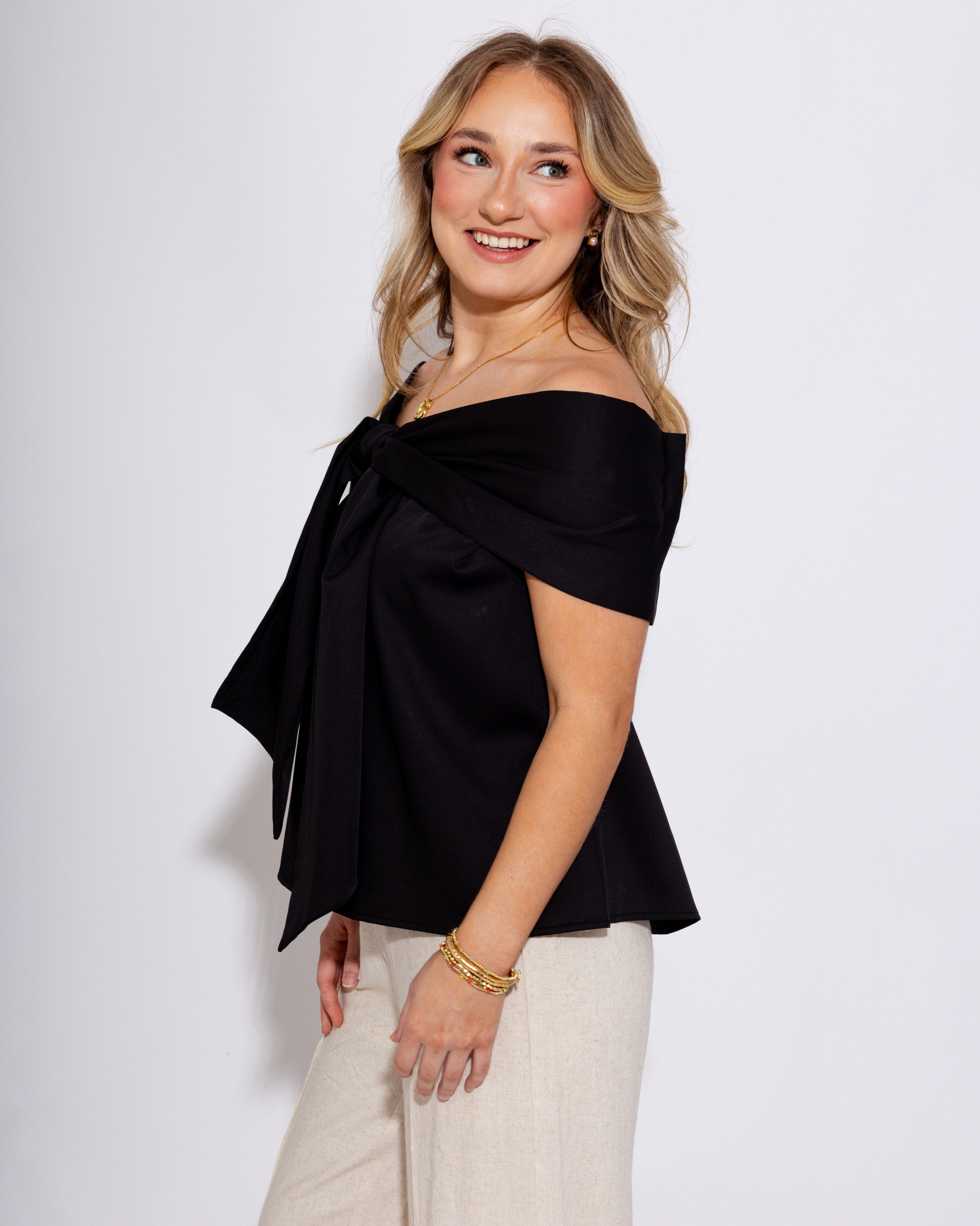 Bow Accented Off The Shoulder Top in Black