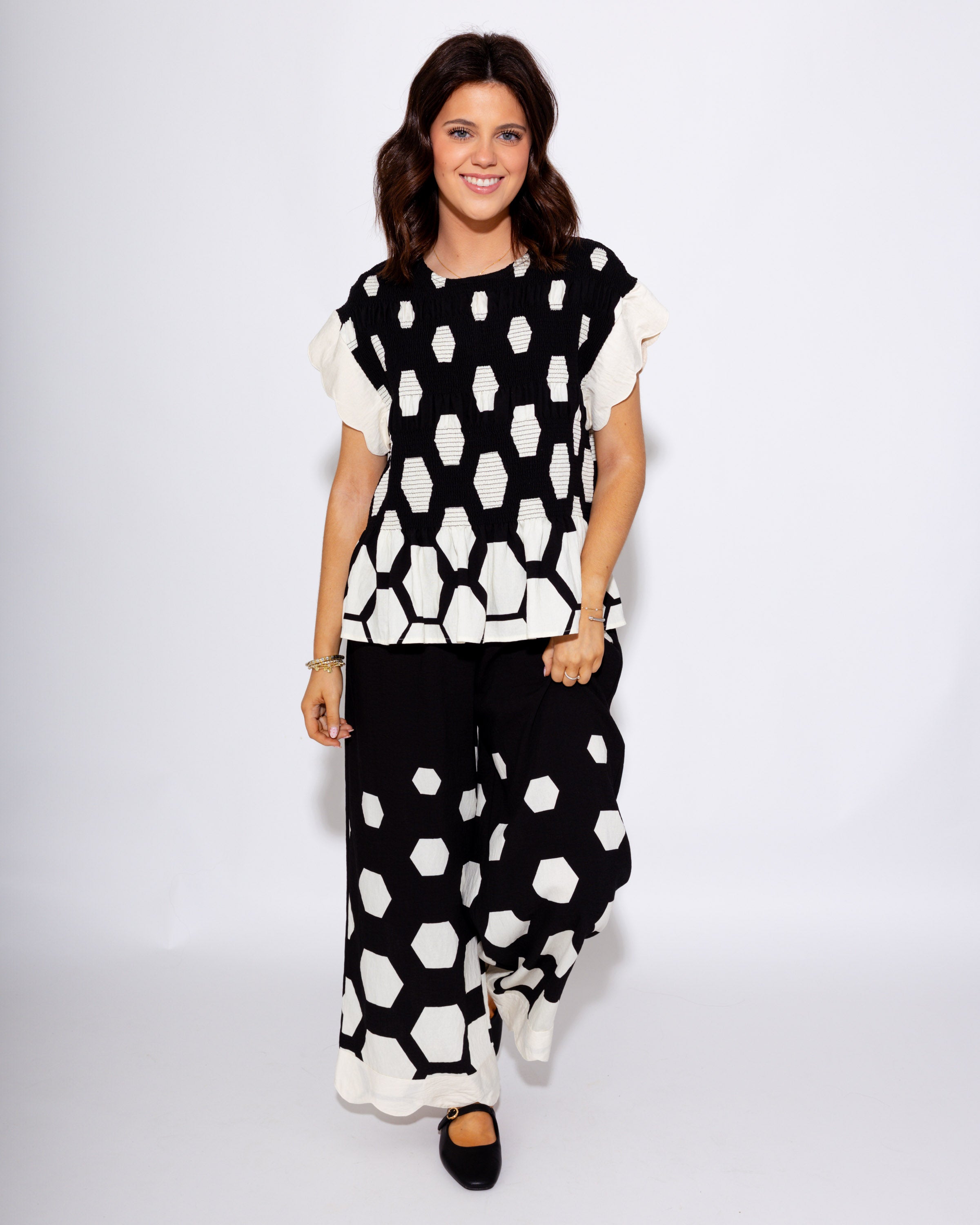 Scalloped Smocked Print Top