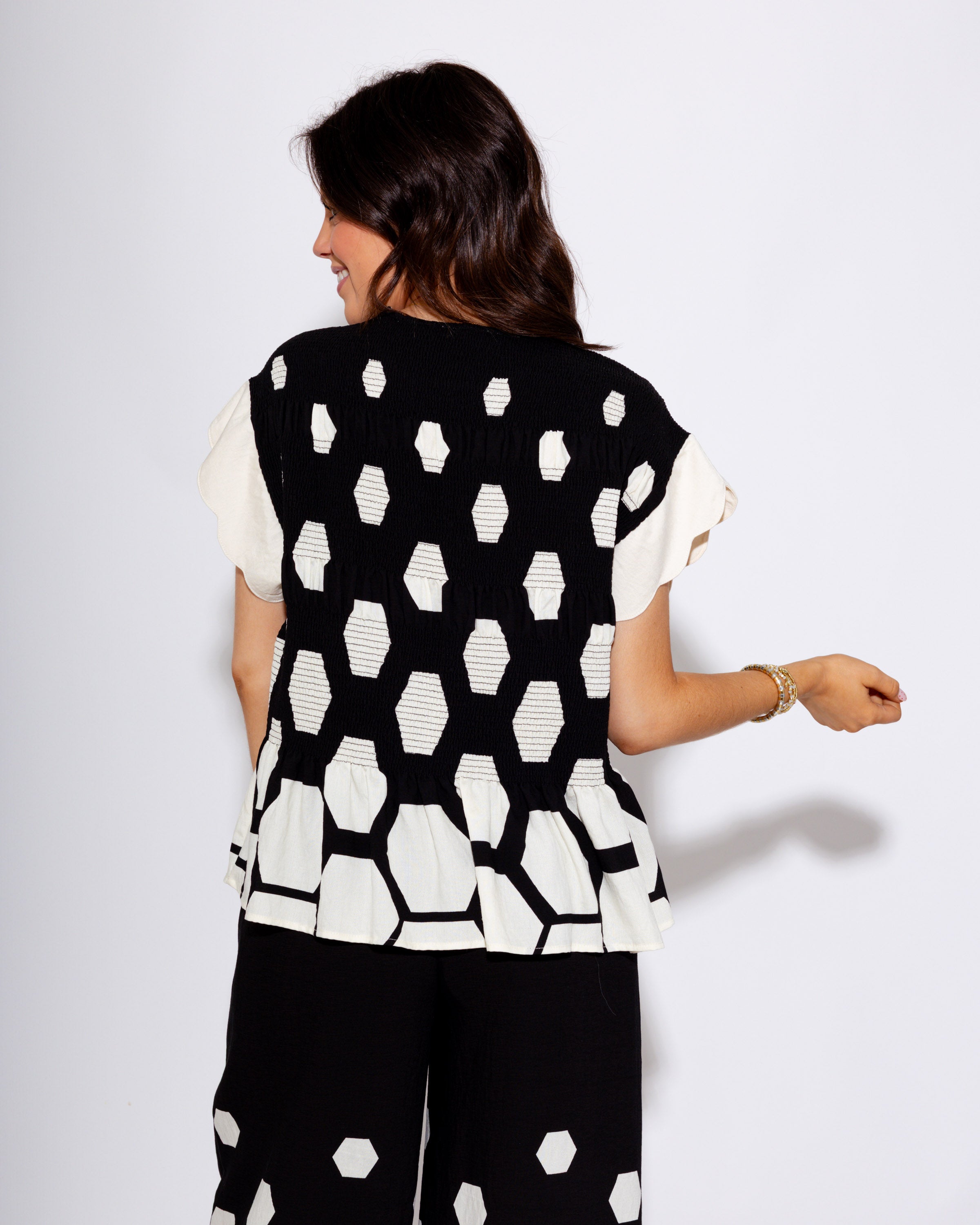 Scalloped Smocked Print Top