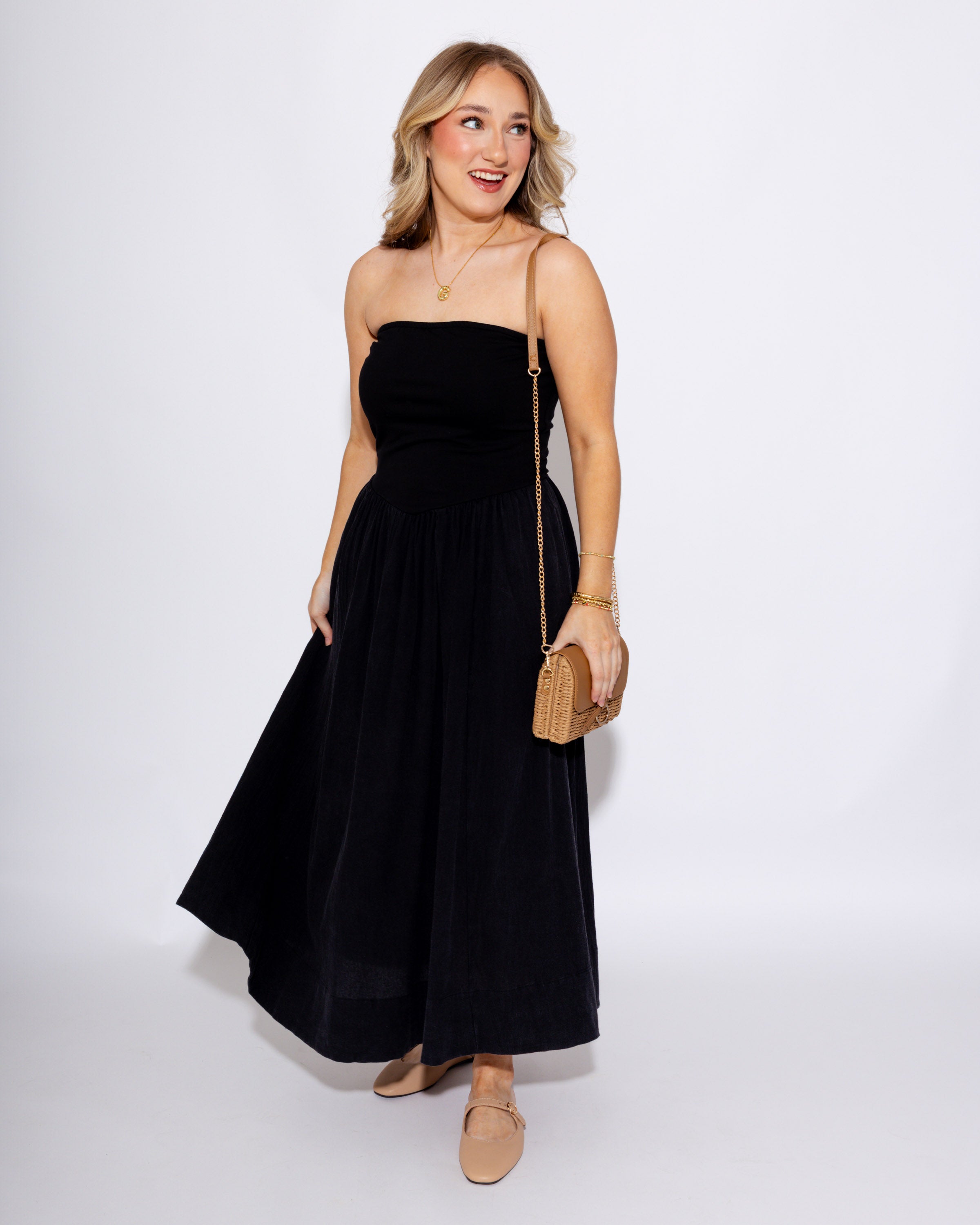 Strapless Ruched Midi Dress