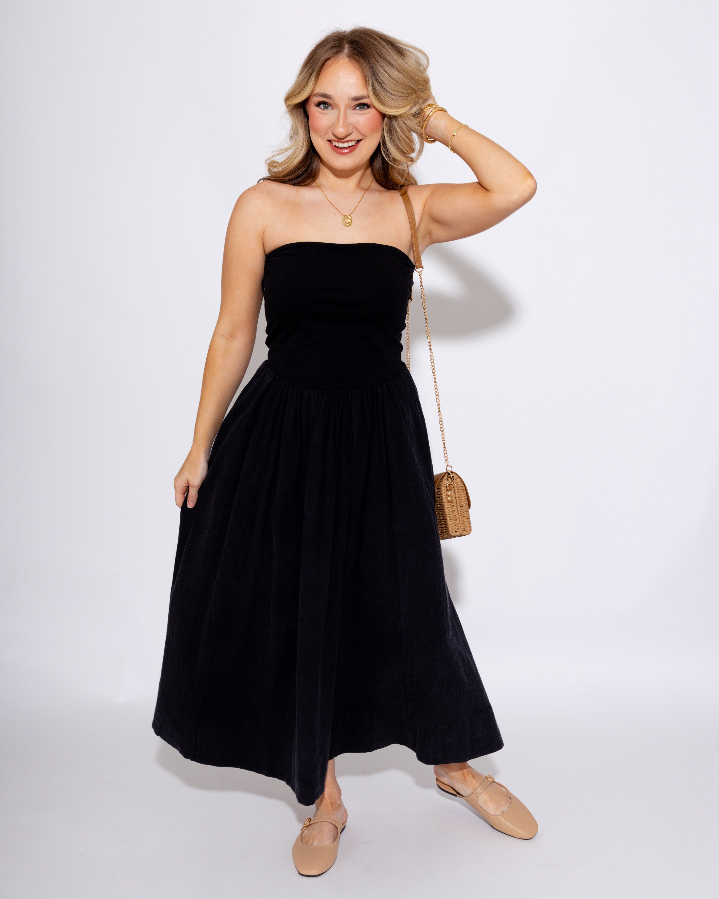Strapless Ruched Midi Dress