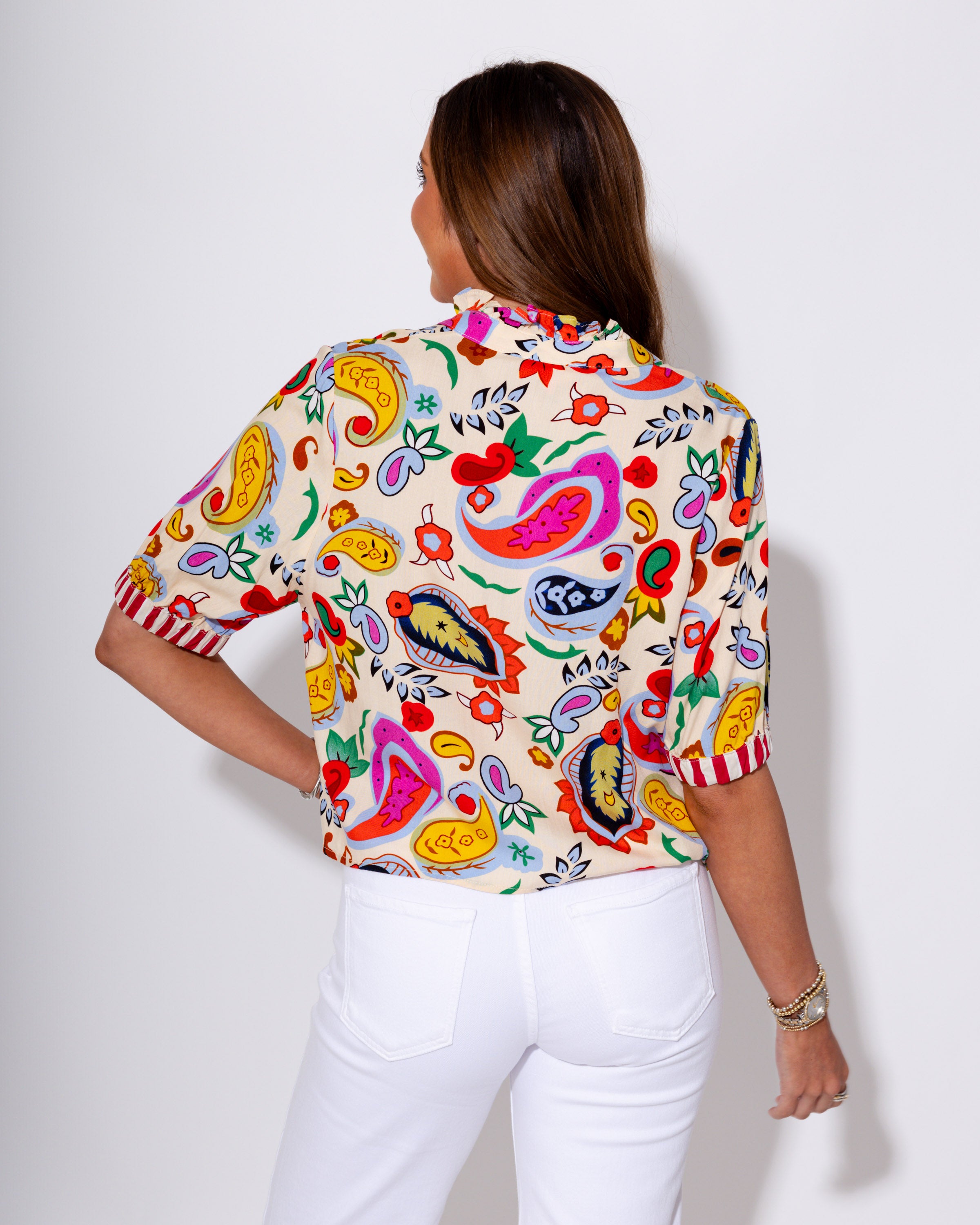 Abstract Paisley Stripe Trim Top