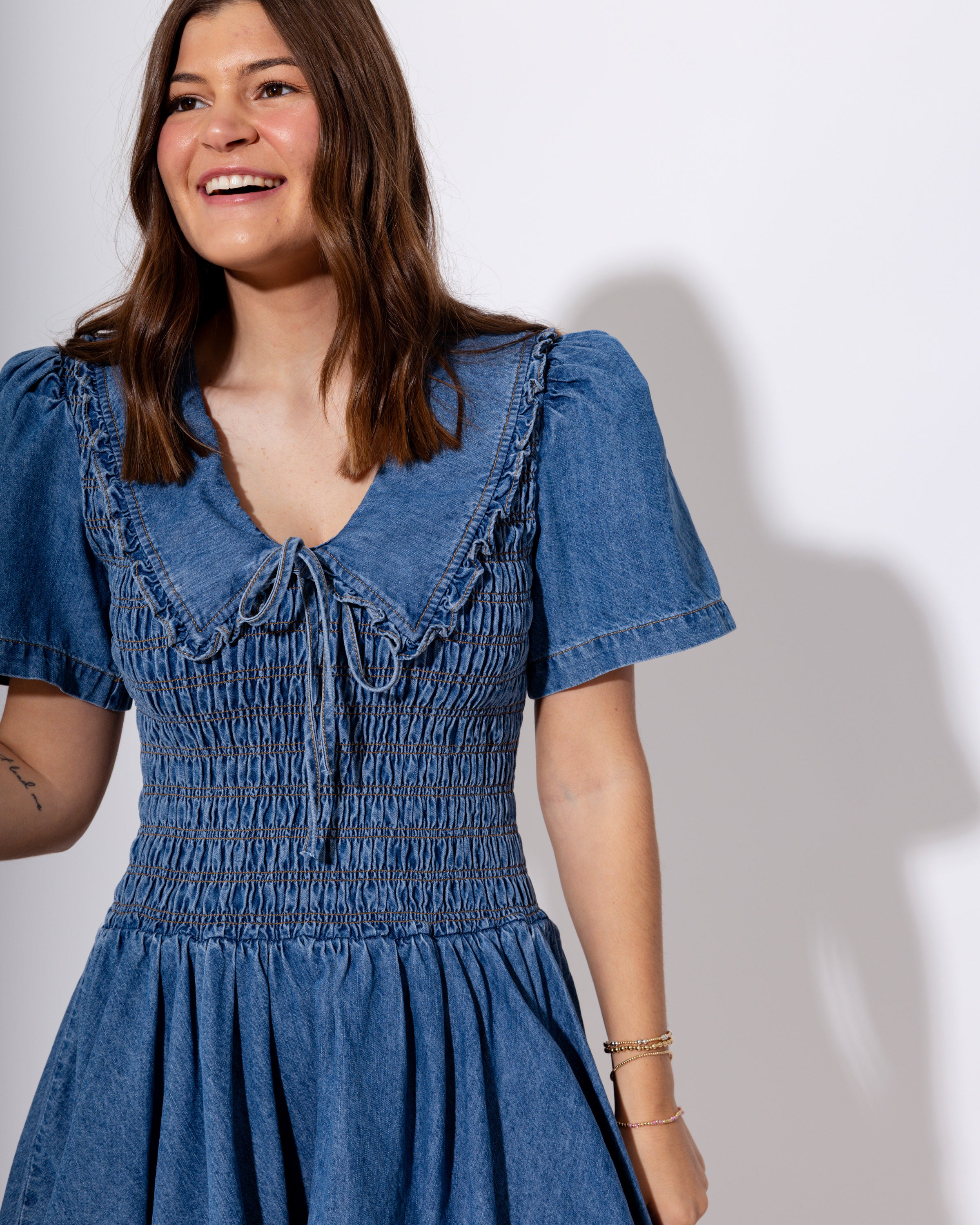 Denim Peter Pan Collar Smocked Mini Dress