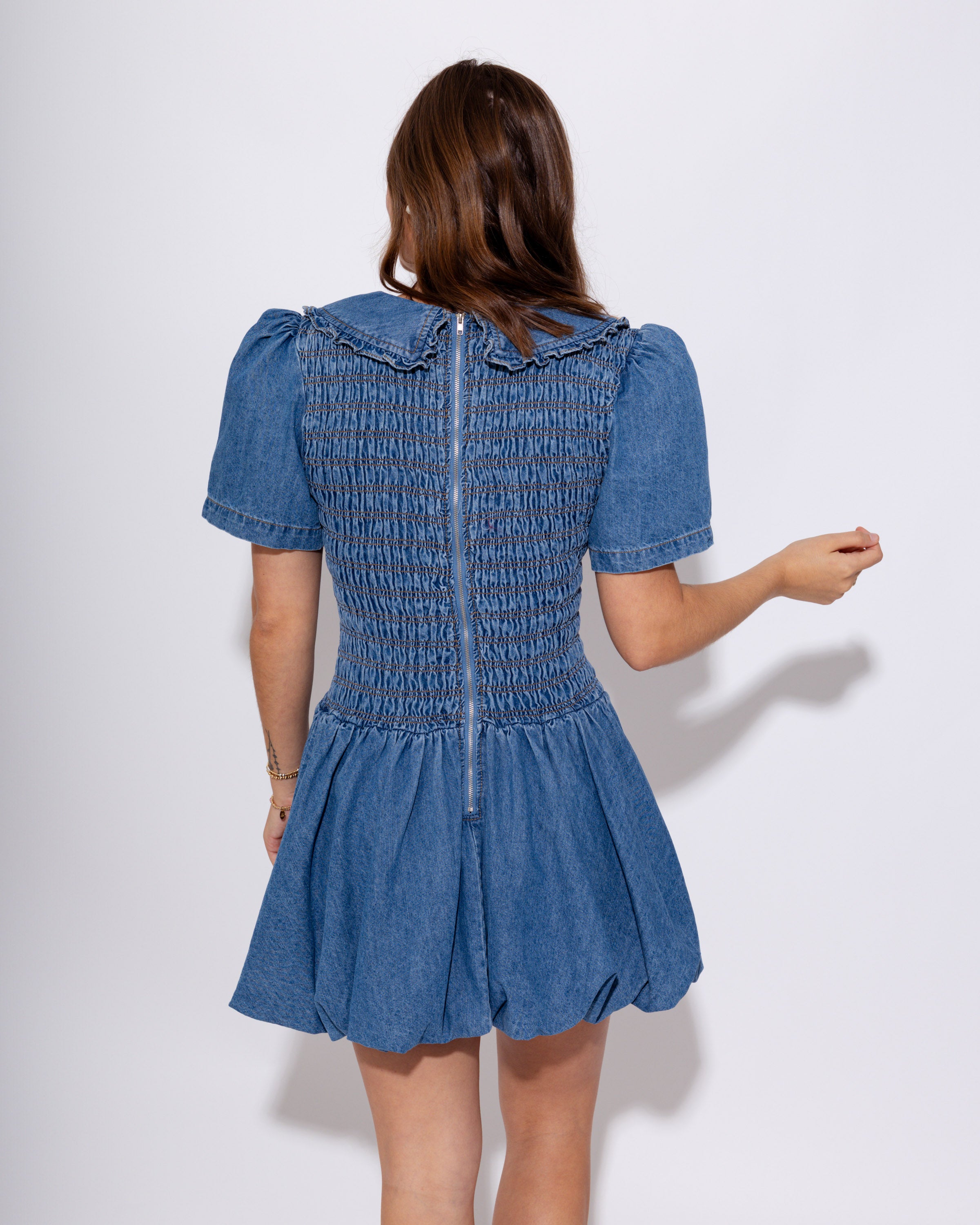 Denim Peter Pan Collar Smocked Mini Dress