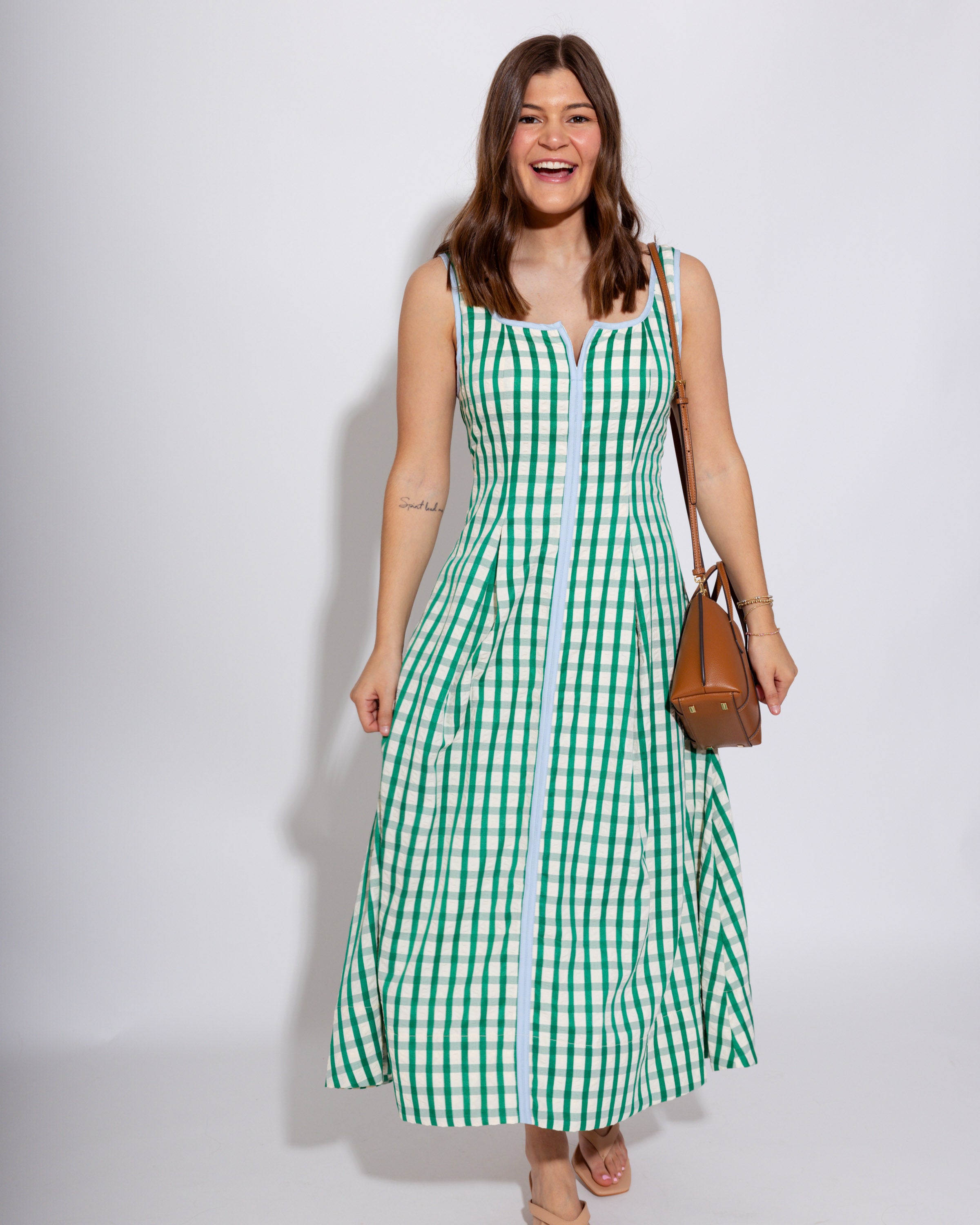 Green Gingham Pleated Midi Dress