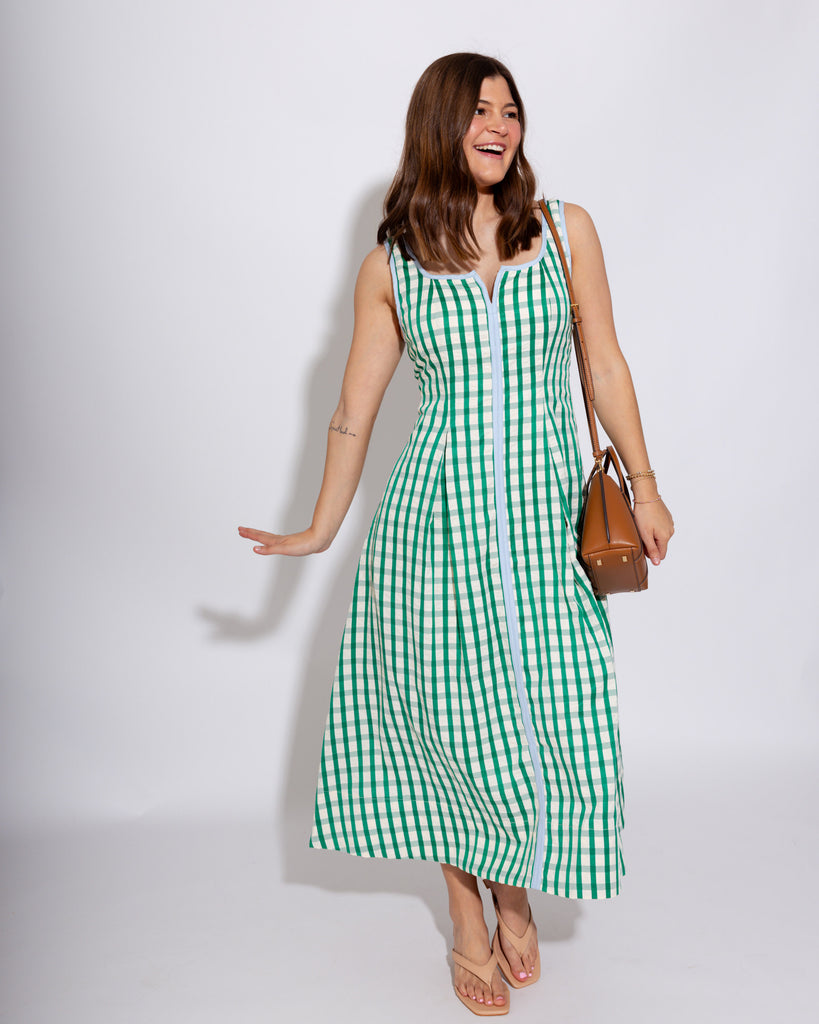 Green Gingham Pleated Midi Dress