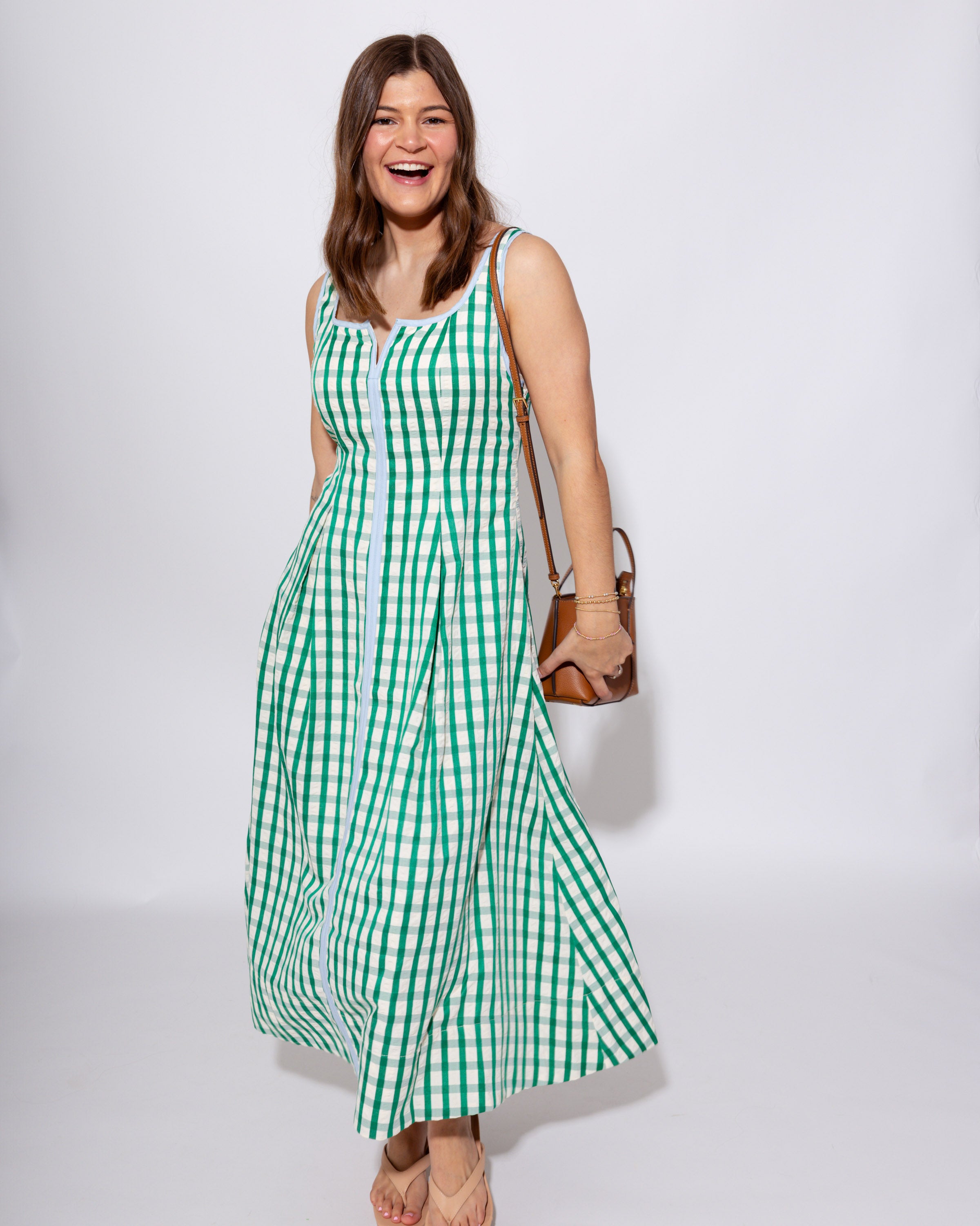 Green Gingham Pleated Midi Dress