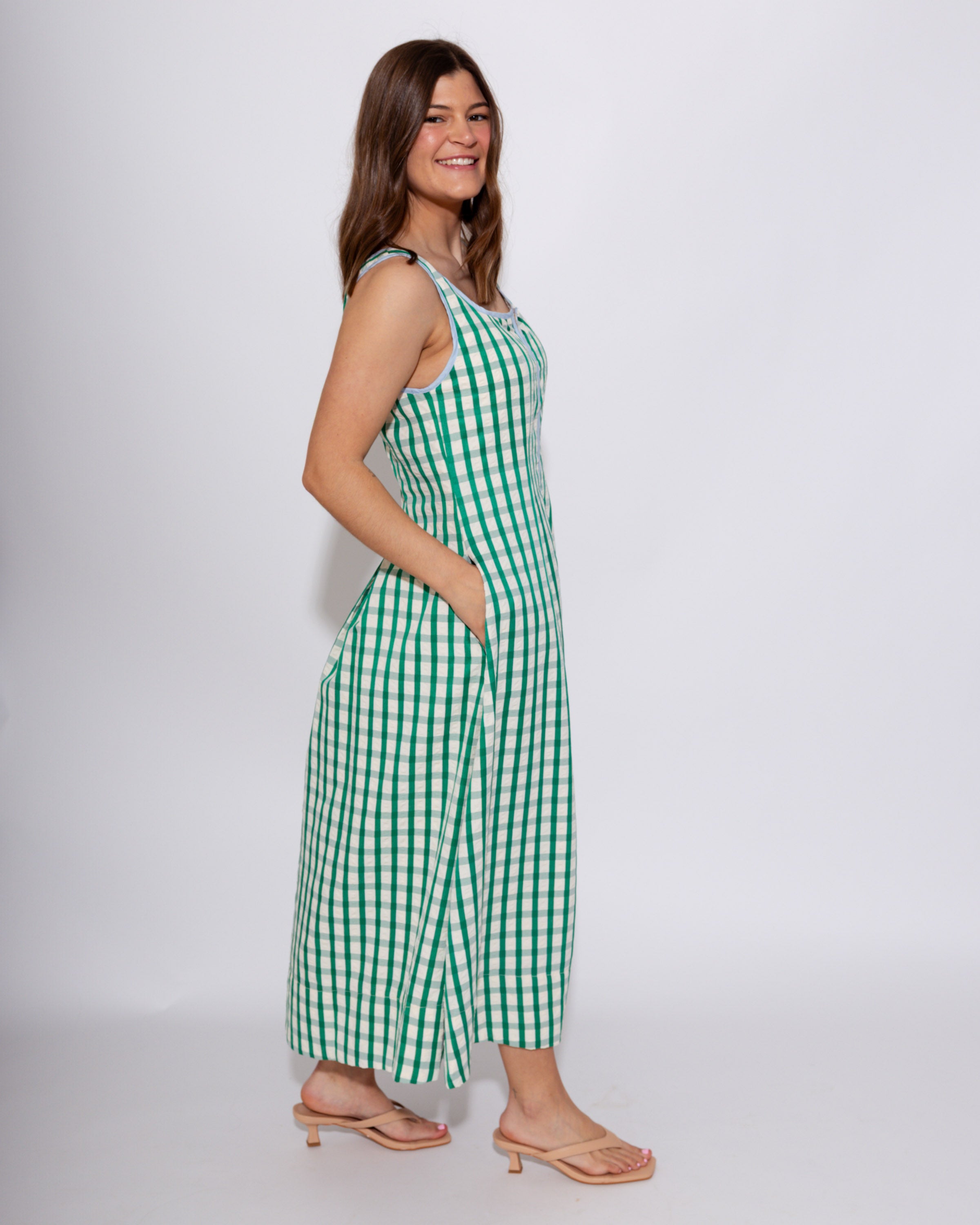 Green Gingham Pleated Midi Dress
