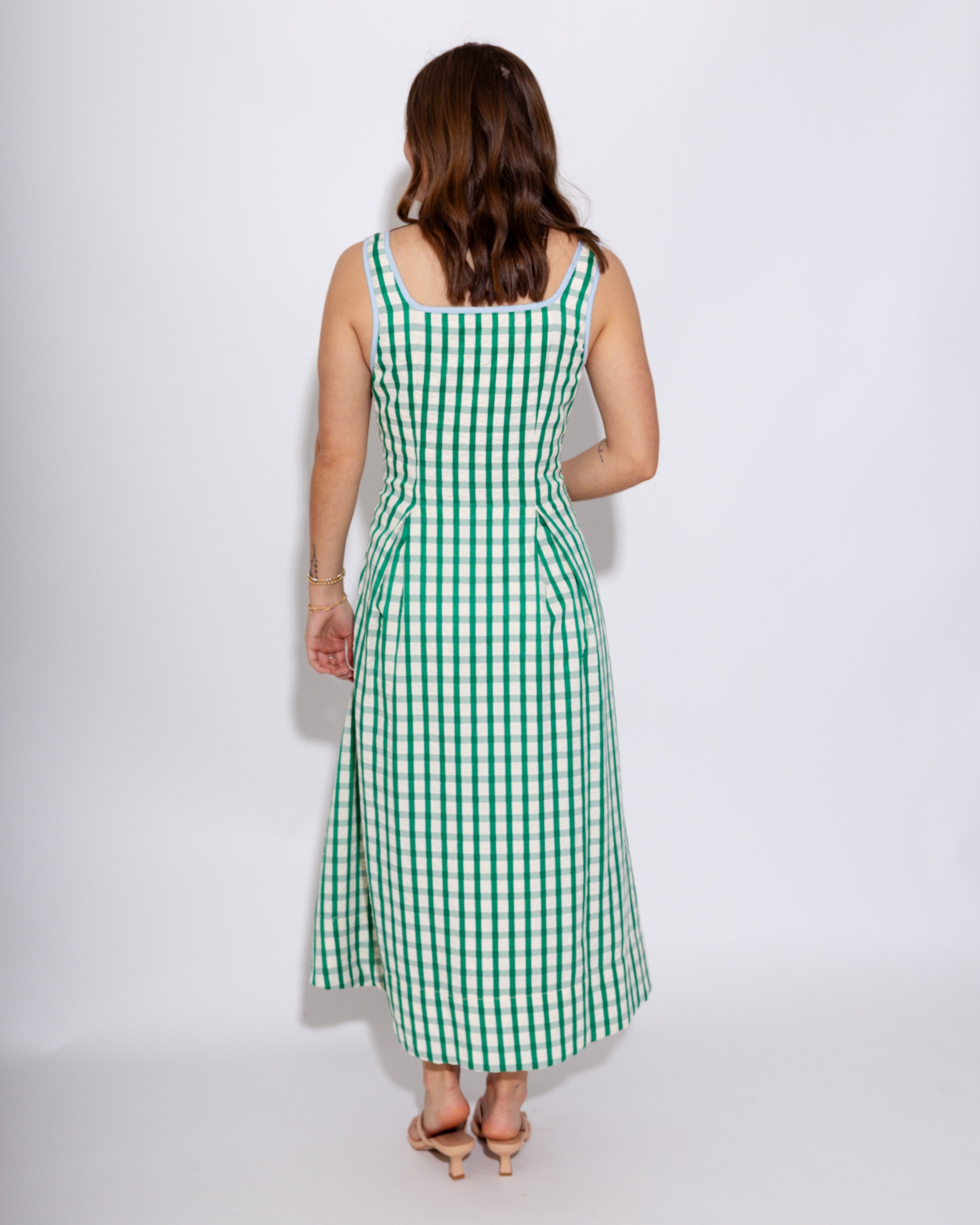 Green Gingham Pleated Midi Dress
