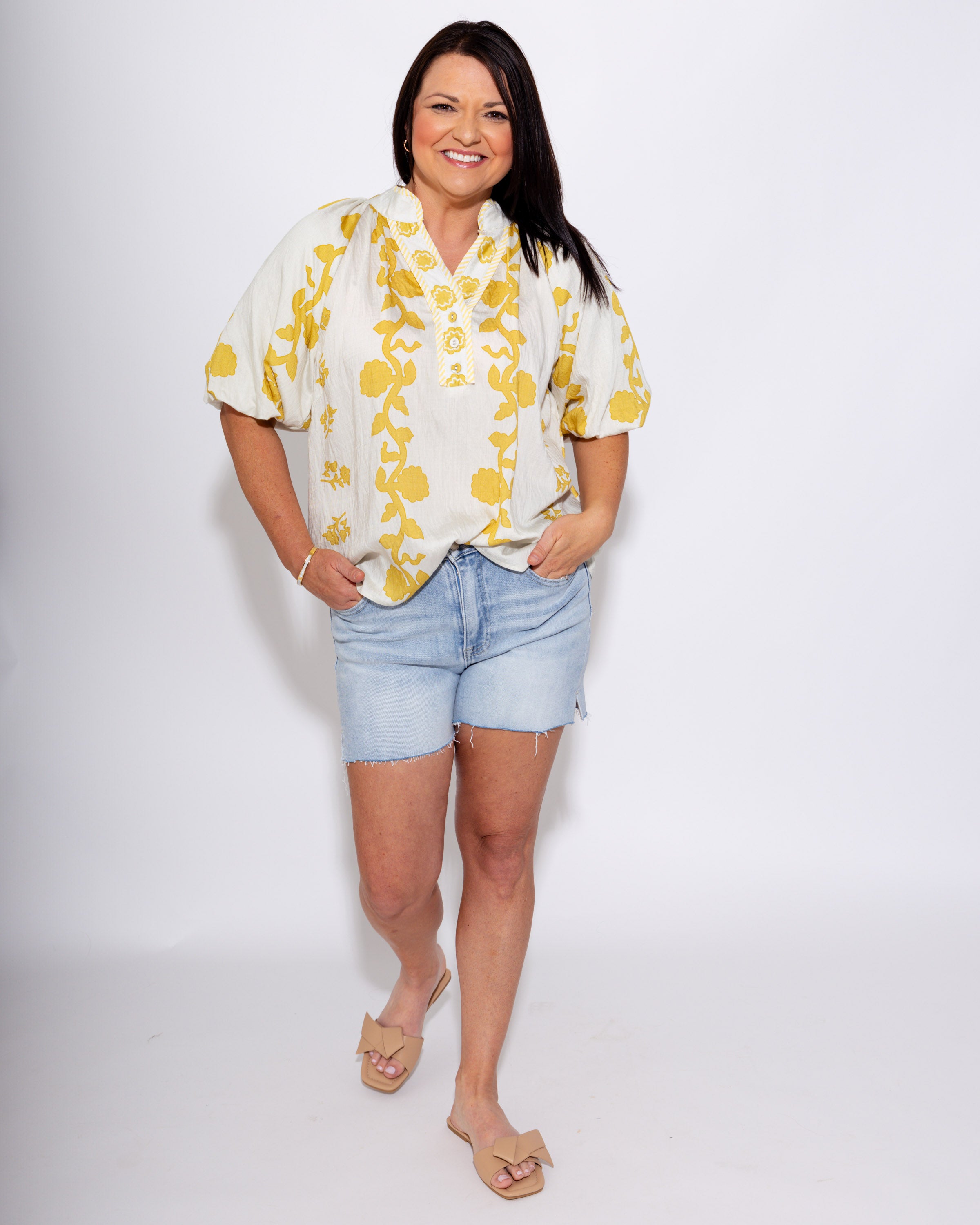 Collared Floral Puff Sleeve Top in Mustard