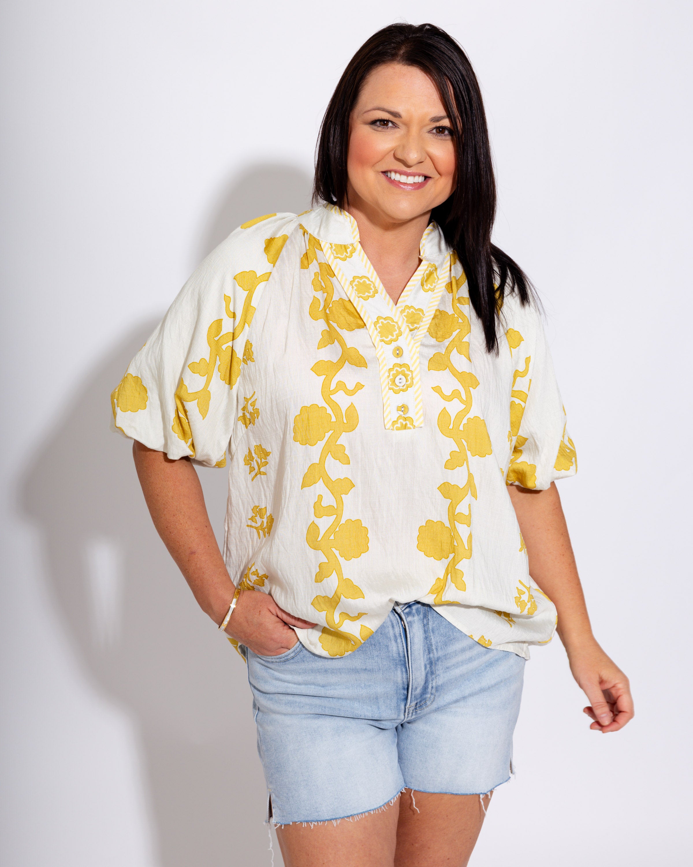 Collared Floral Puff Sleeve Top in Mustard