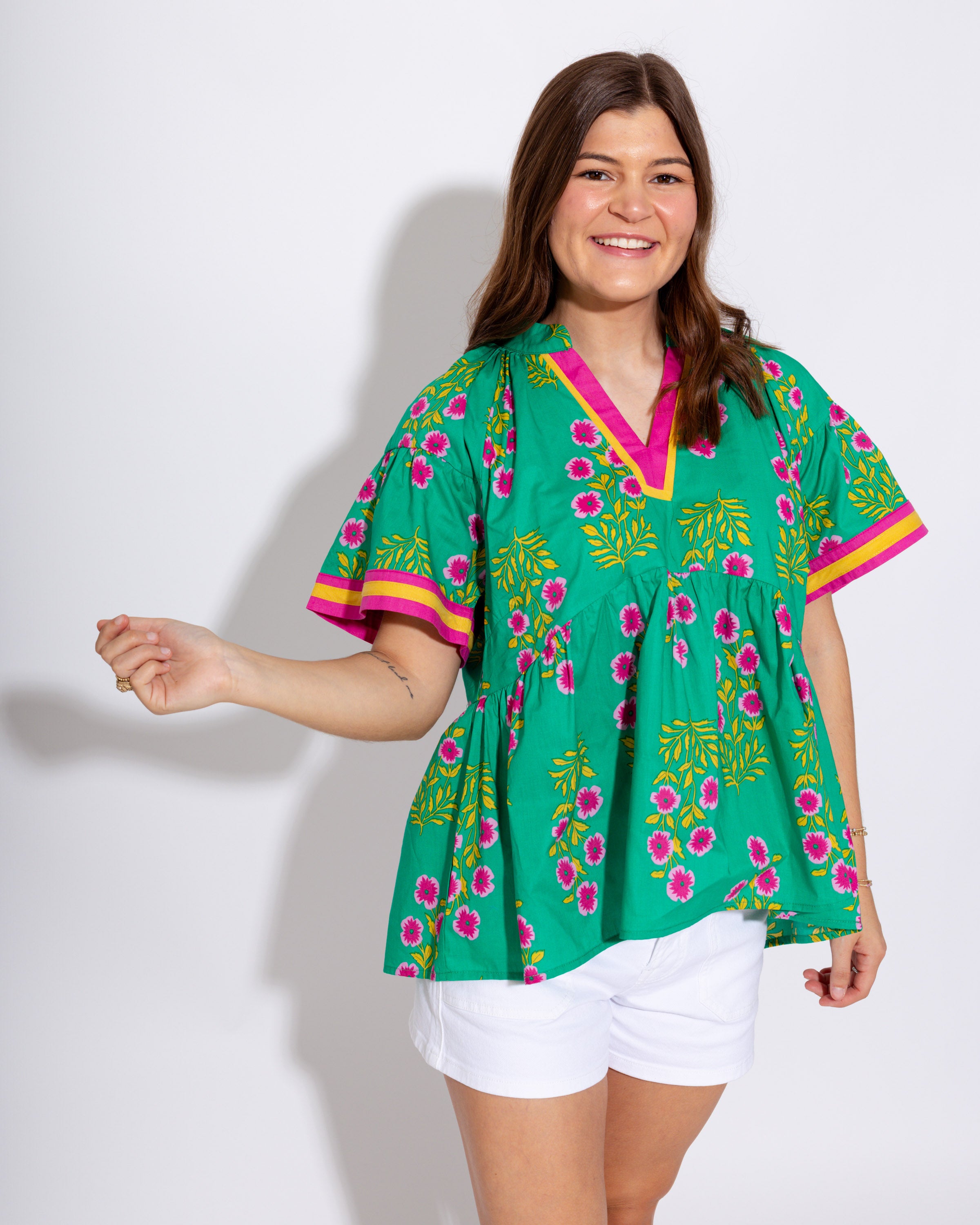 Floral Contrast Babydoll Top in Green