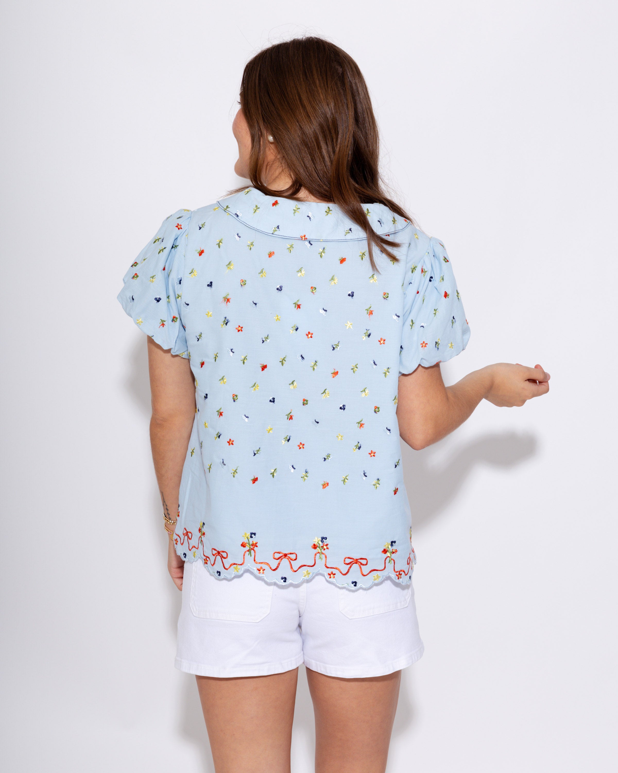Embroidered Floral Bubble Sleeve Top