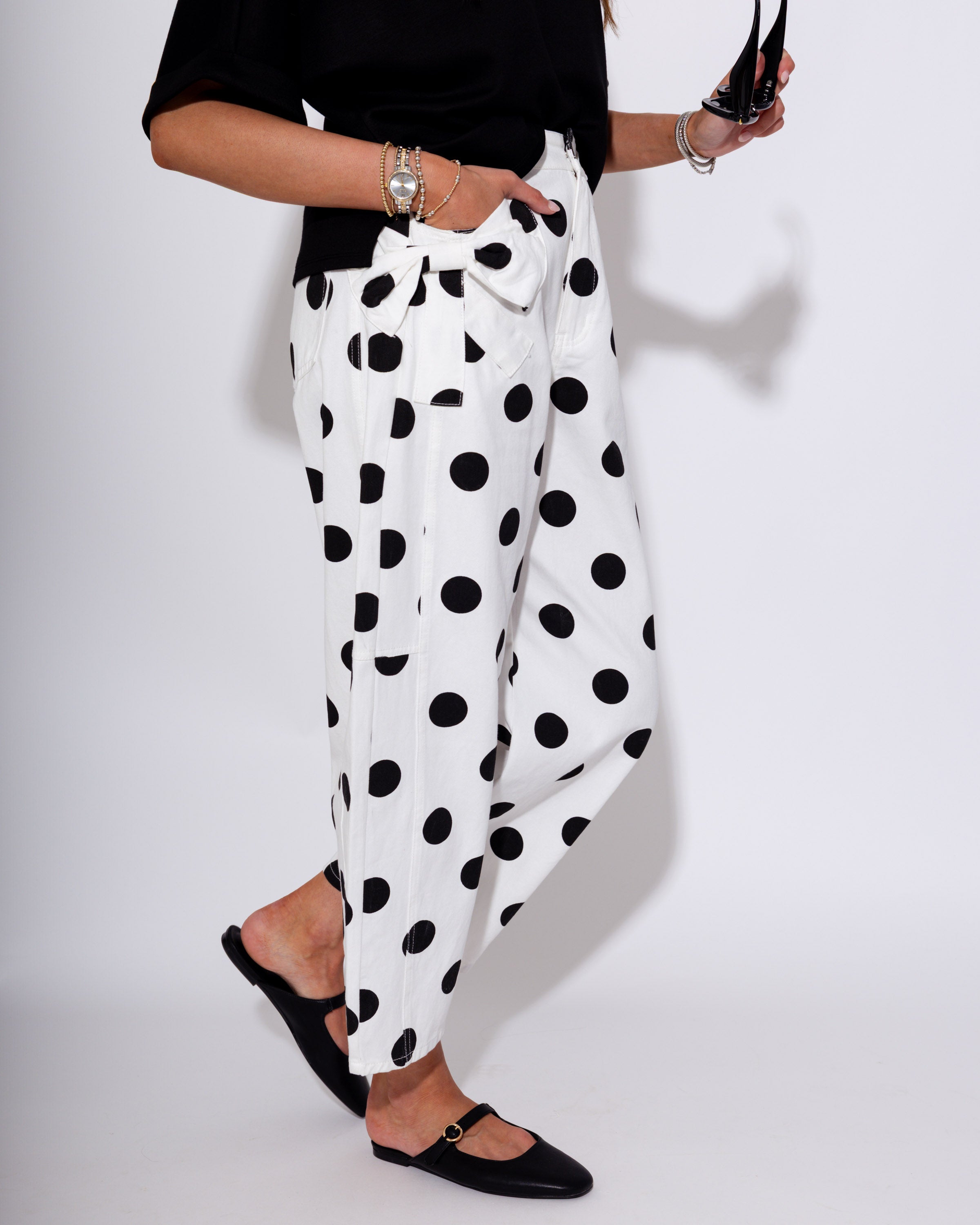 Polka Dot Barrel Jeans in Ivory