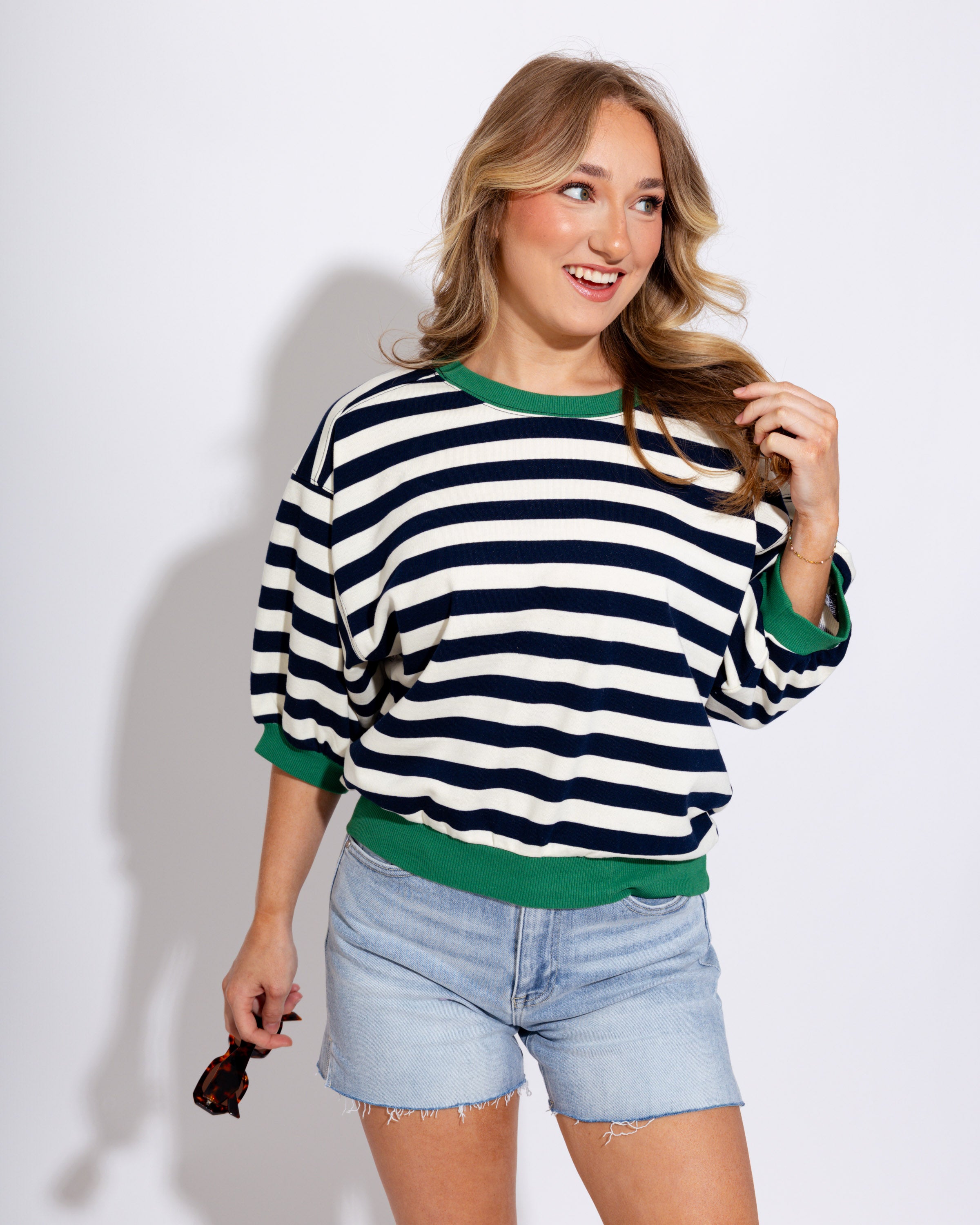 Striped Bubble Sleeve Top in Navy