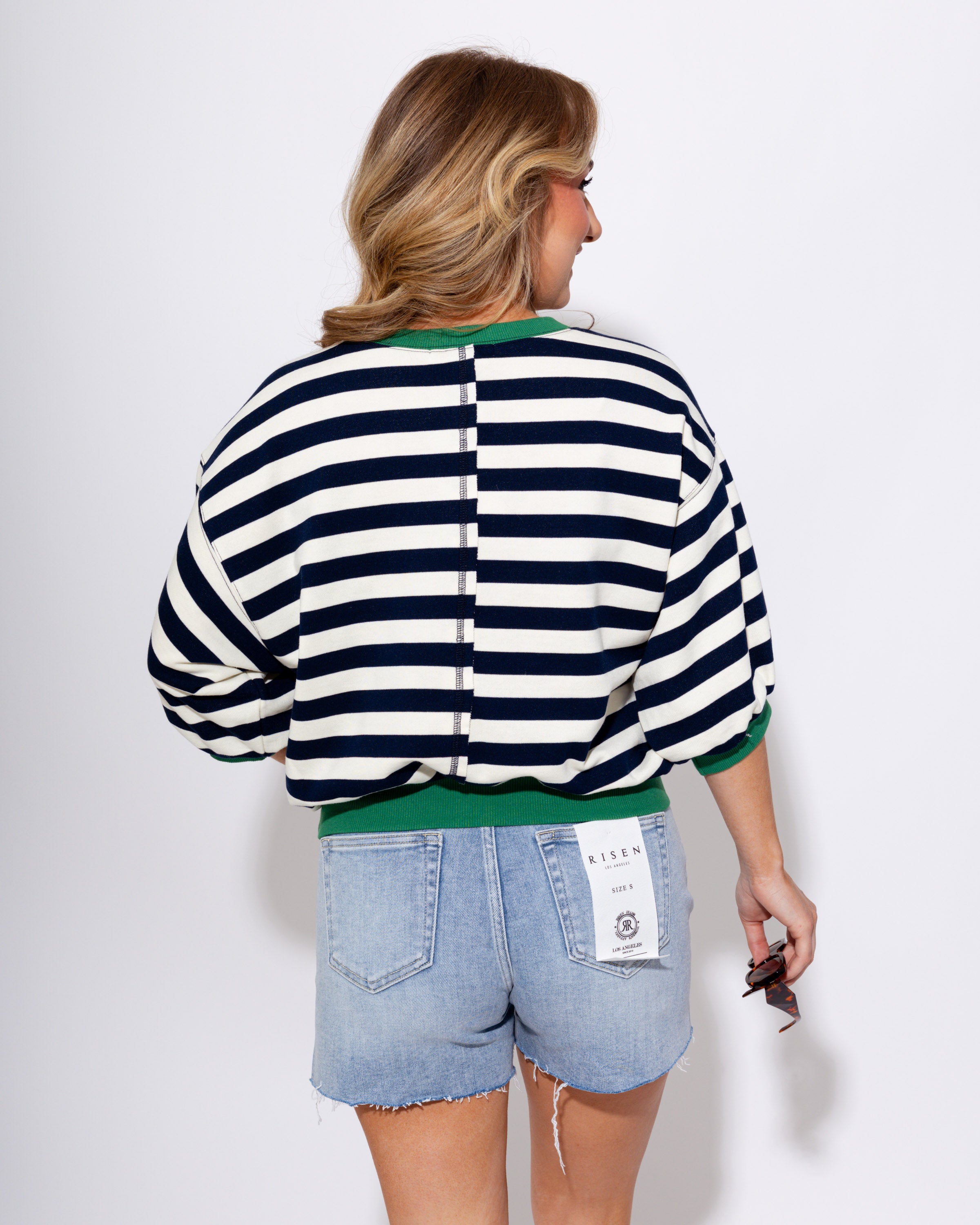 Striped Bubble Sleeve Top in Navy