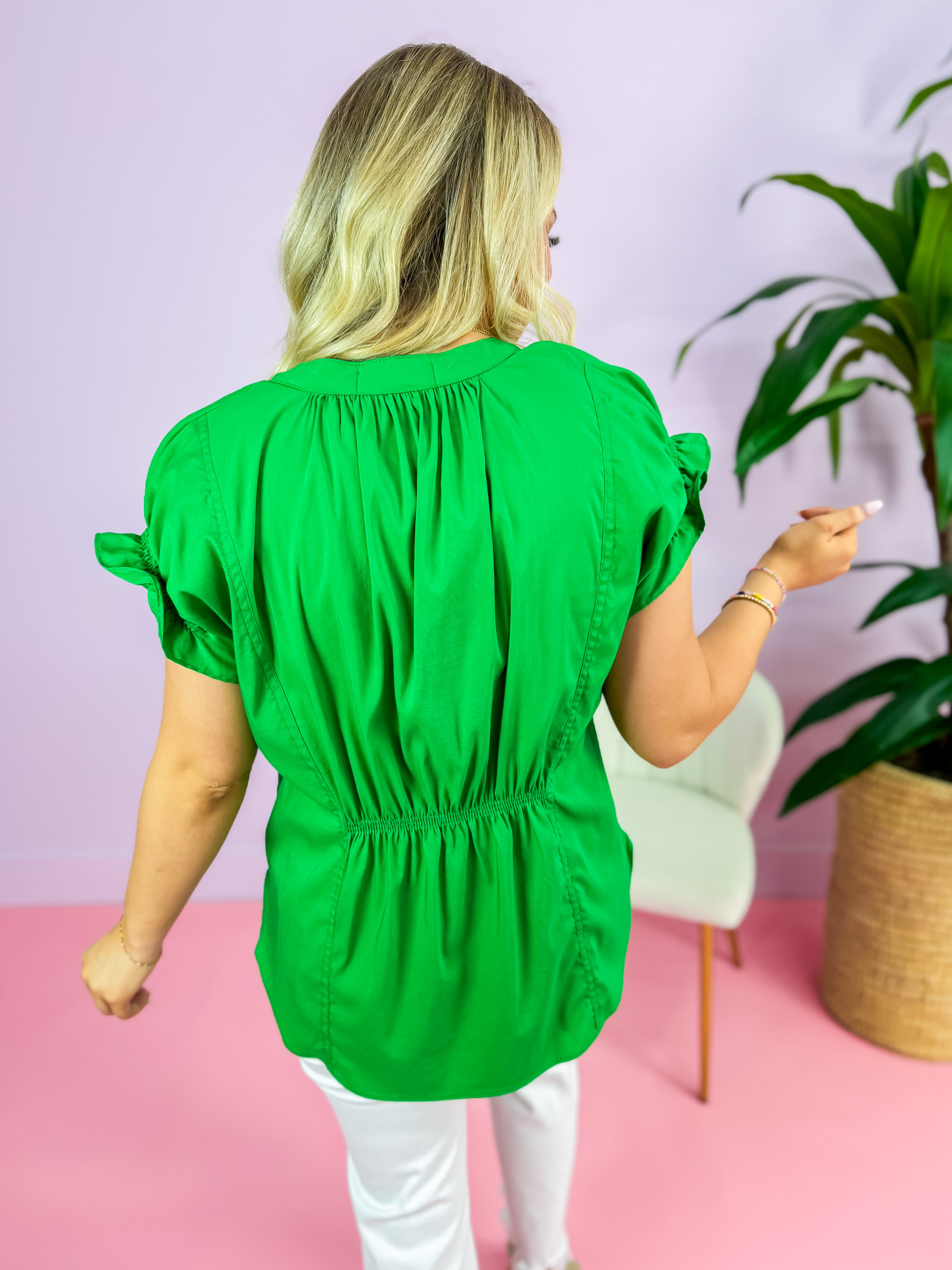 Poplin Green V-Neck Elastic Sleeve Top