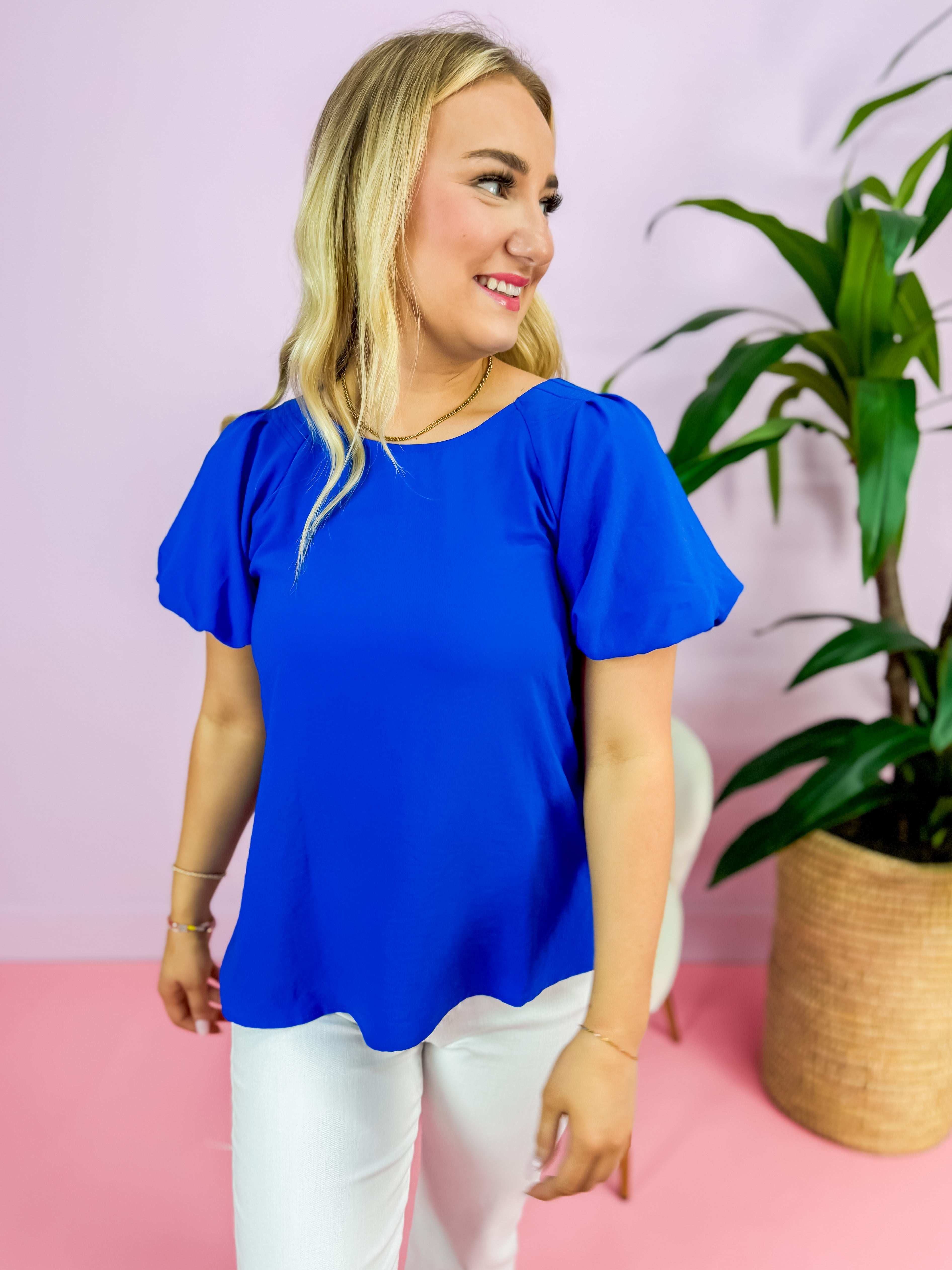 Solid Short Puffed Sleeves Top in Royal