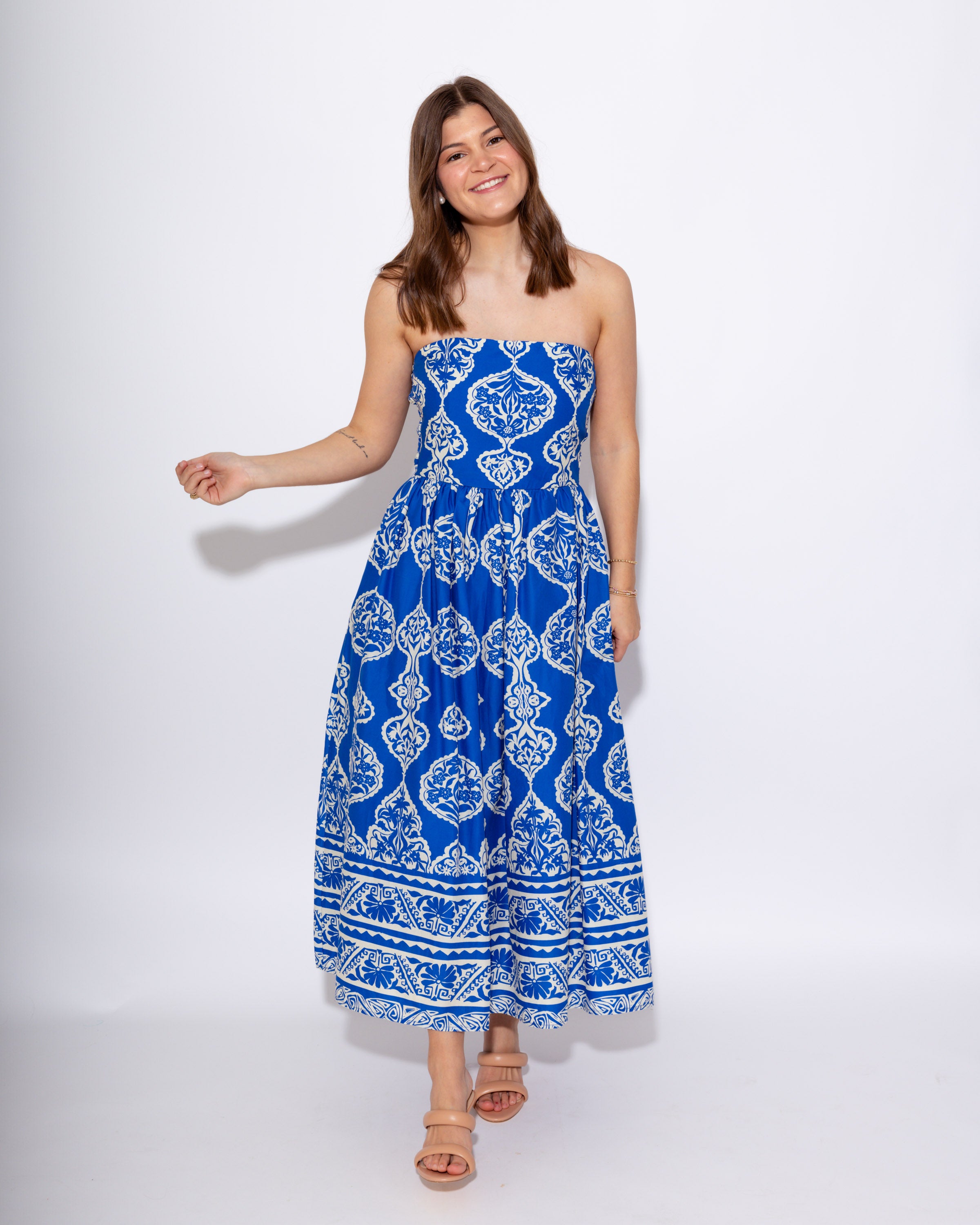 Royal Blue Strapless Smocked Midi Dress