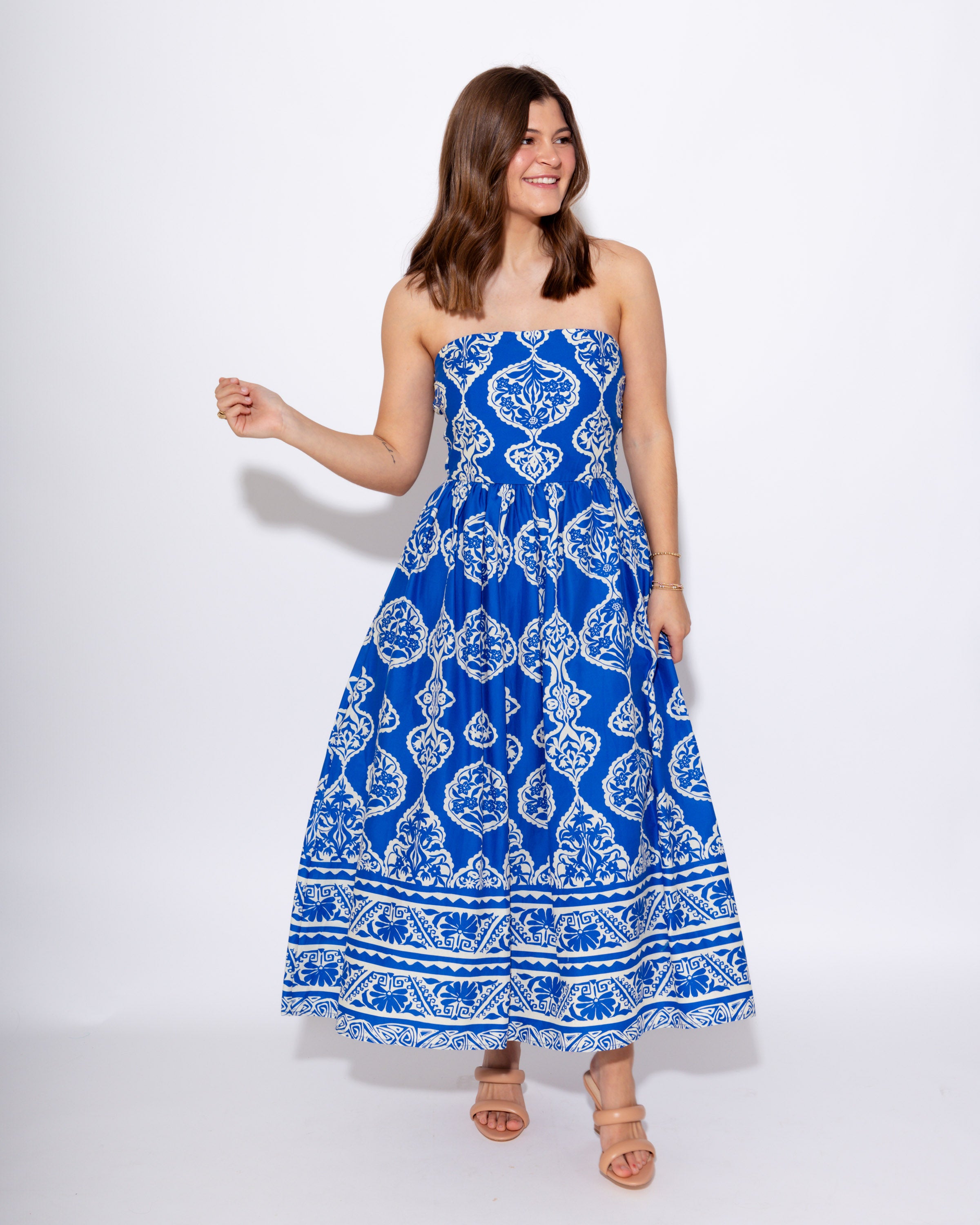 Royal Blue Strapless Smocked Midi Dress